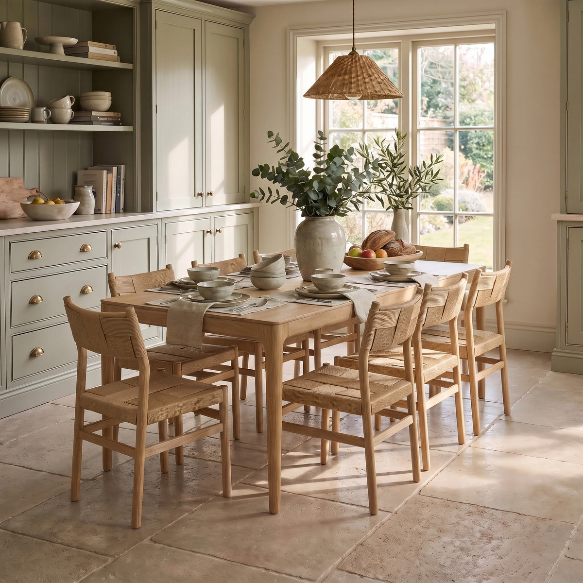 The Marlow 8 Seat Dining Set in Light Oak is arranged for a meal in a bright, cozy kitchen with large windows, featuring a solid oak table and eight handwoven dining chairs.
