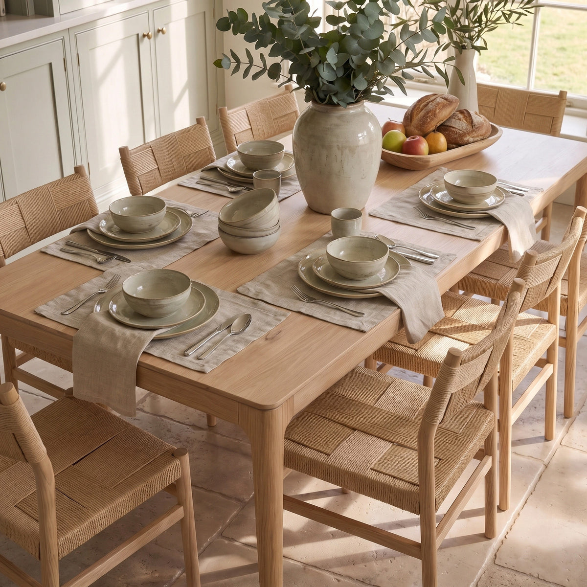 The Marlow 8 Seat Dining Set in Light Oak, styled with neutral dishes, a vase of leaves, and a basket filled with fruit and bread, is paired with handwoven dining chairs to create an inviting and elegant dining space.