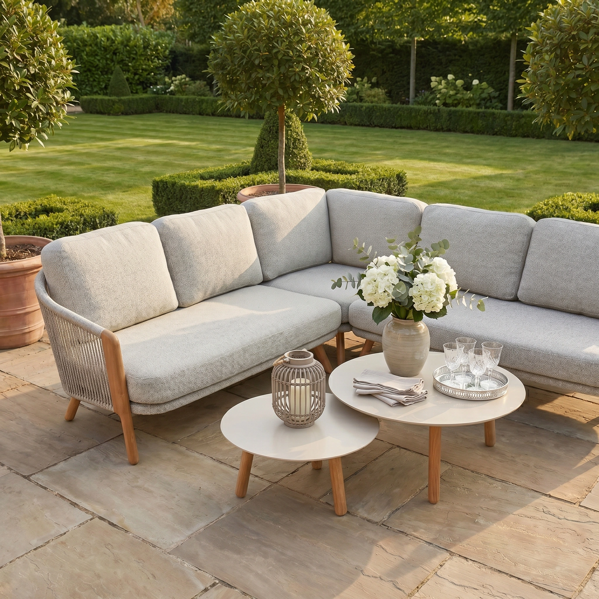 Outdoor patio with a latte Merano Corner Group Set featuring olefin rope weave, flowers, a lantern, and glassware on two round tables.