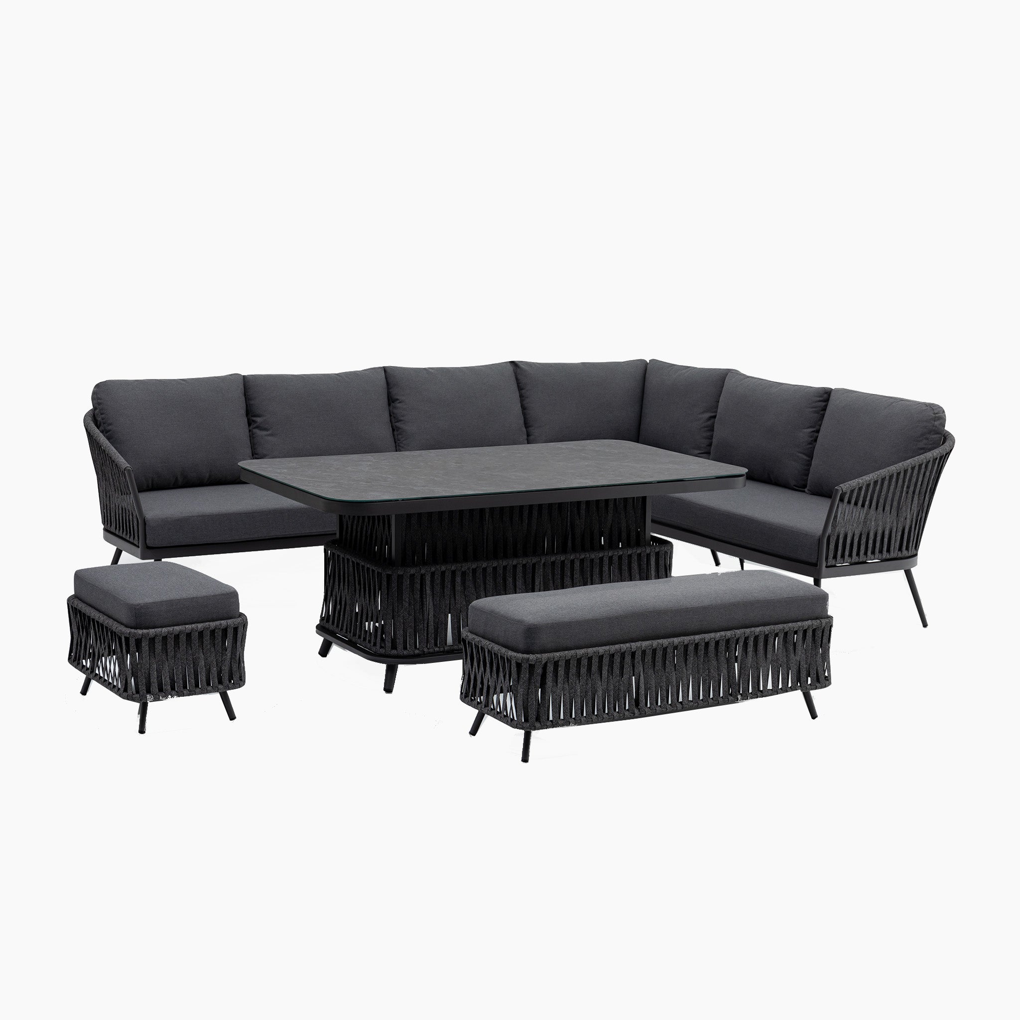 Monterrey Rope Rectangular Corner Dining Set with Rising Table in Grey (Right Hand)