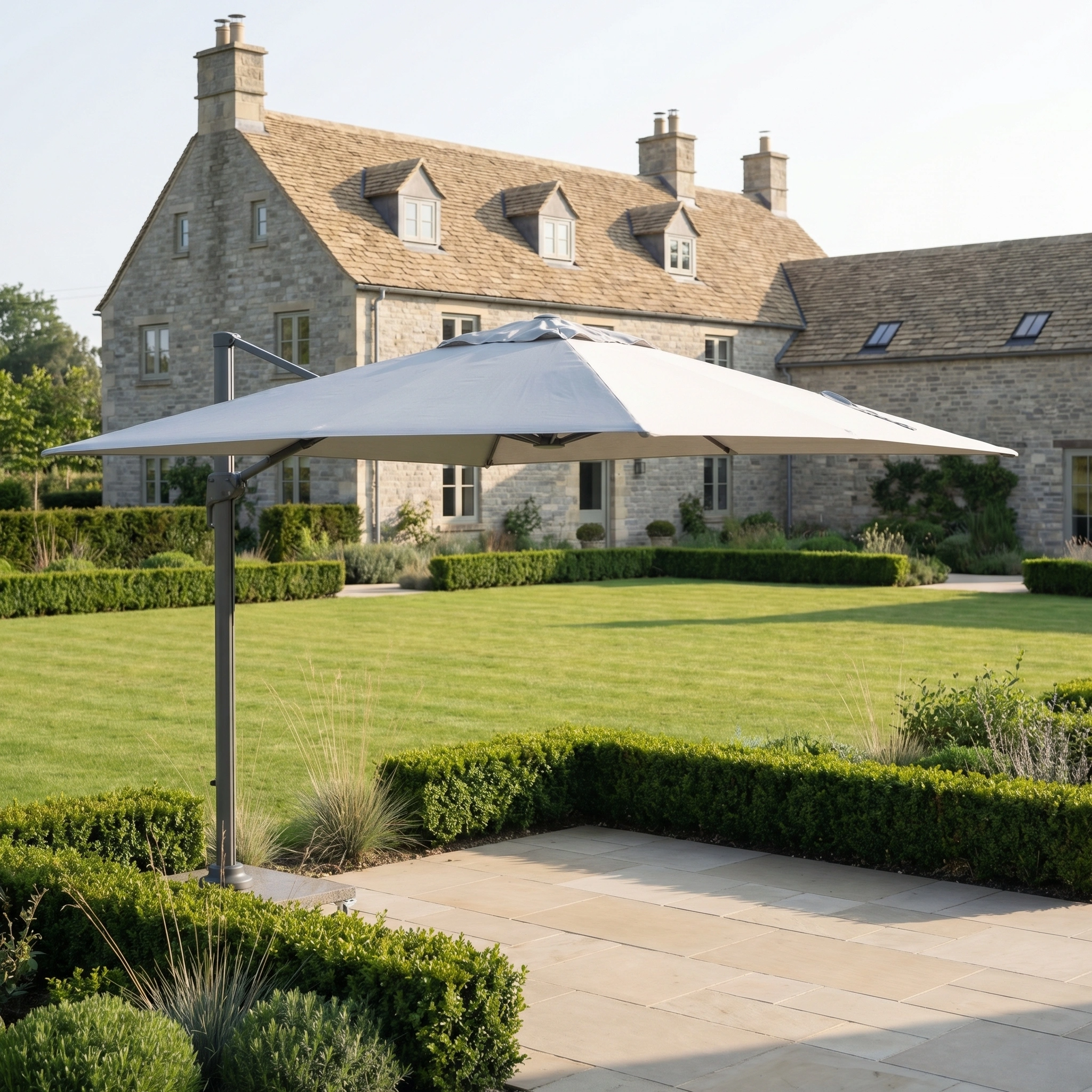 The Nexus T2 Premium 3m Square Cantilever Parasol in Manhattan Grey with a 90kg Granite Base stands on a stone terrace in a manicured garden beside a stone country house.