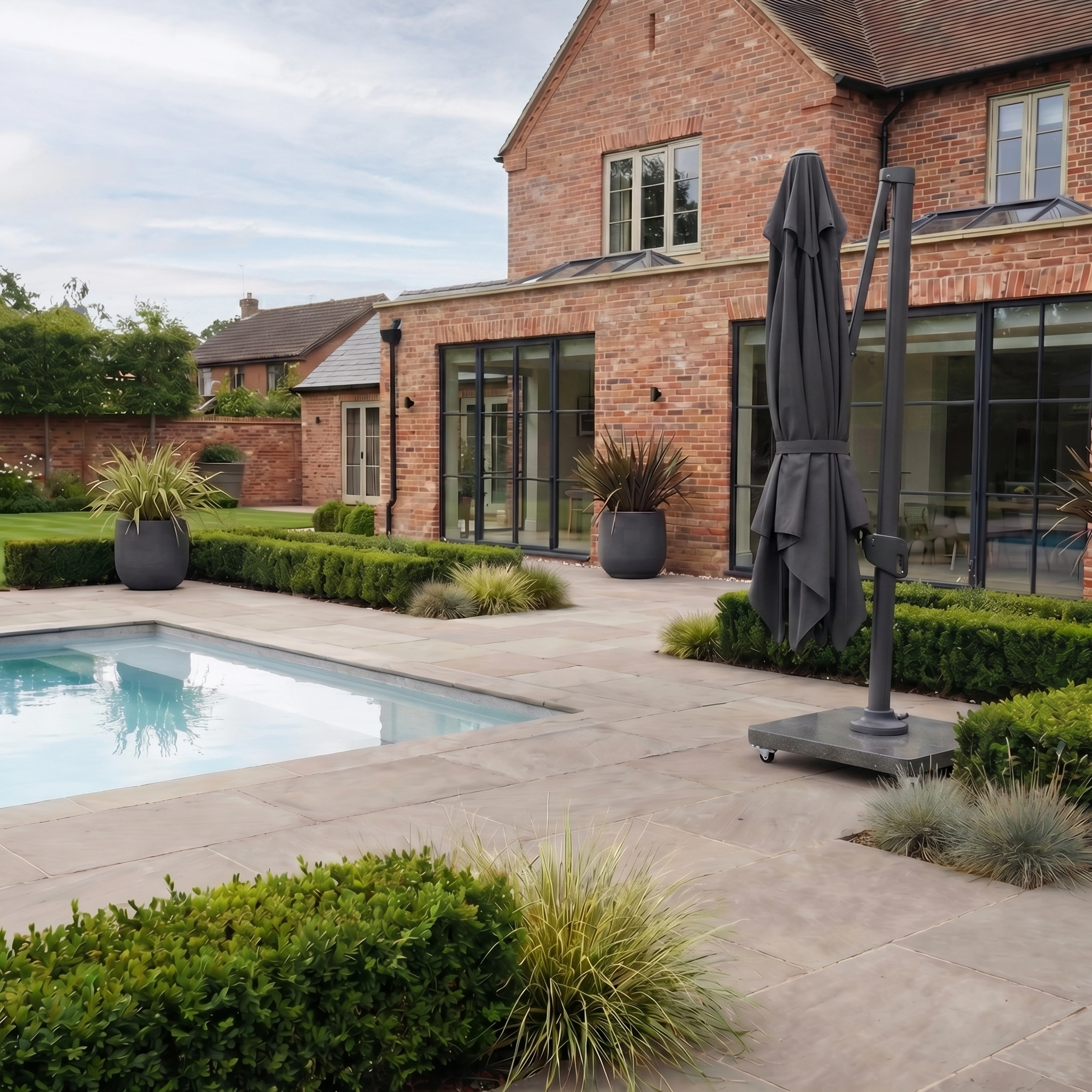 Modern brick house with large windows, patio, trimmed bushes, and a pool beside a Nexus T2 Premium 3m Square Cantilever Parasol in Black with 90kg Granite Base for flexible shade.