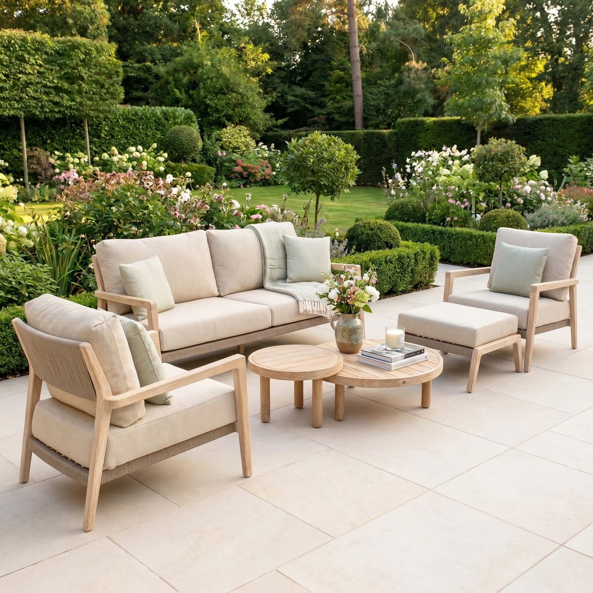 A lush, green garden patio showcases the Noah 3 Seat Sofa Set in Volga Grey, featuring durable outdoor furniture with beige cushions and a round table.