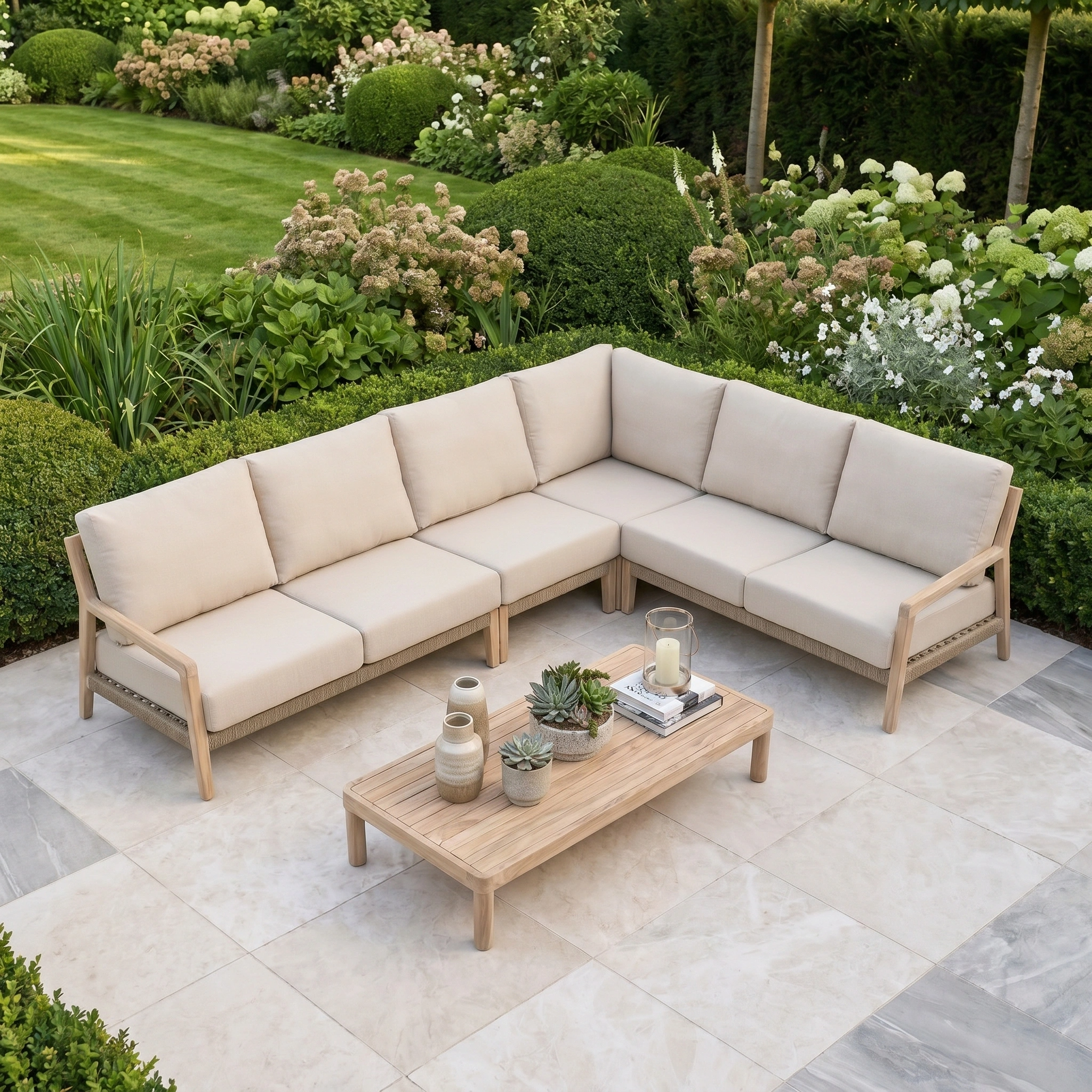 Noah Corner Sofa Set in Volga Grey paired with a wooden coffee table on a tiled patio, surrounded by lush greenery—an inviting garden sofa set perfect for relaxing outdoors.
