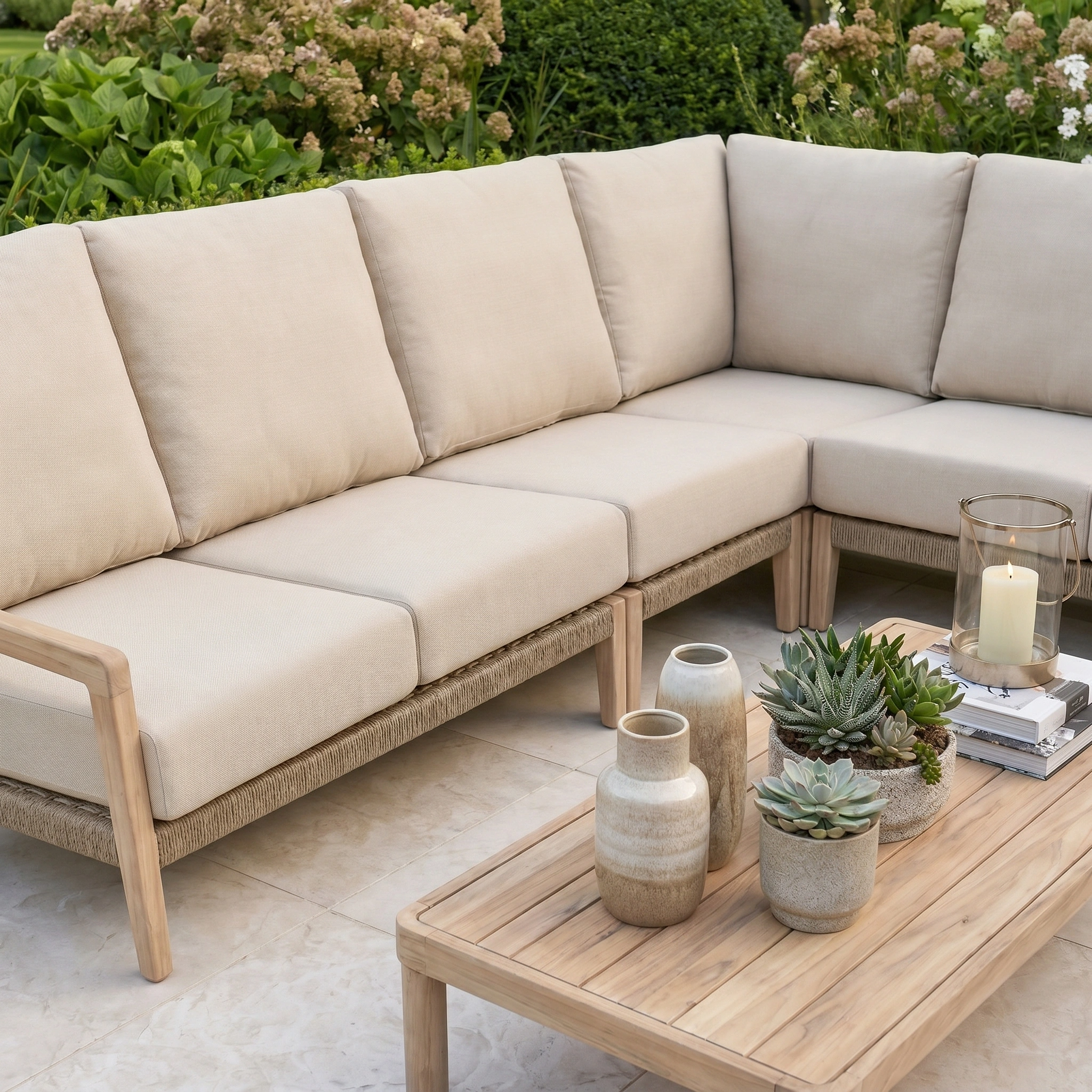 The Noah Corner Sofa Set in Volga Grey features a wood frame, rope detailing, and beige cushions. Perfect as a stylish garden sofa set, it pairs well with a teak outdoor coffee table decorated with vases and plants.