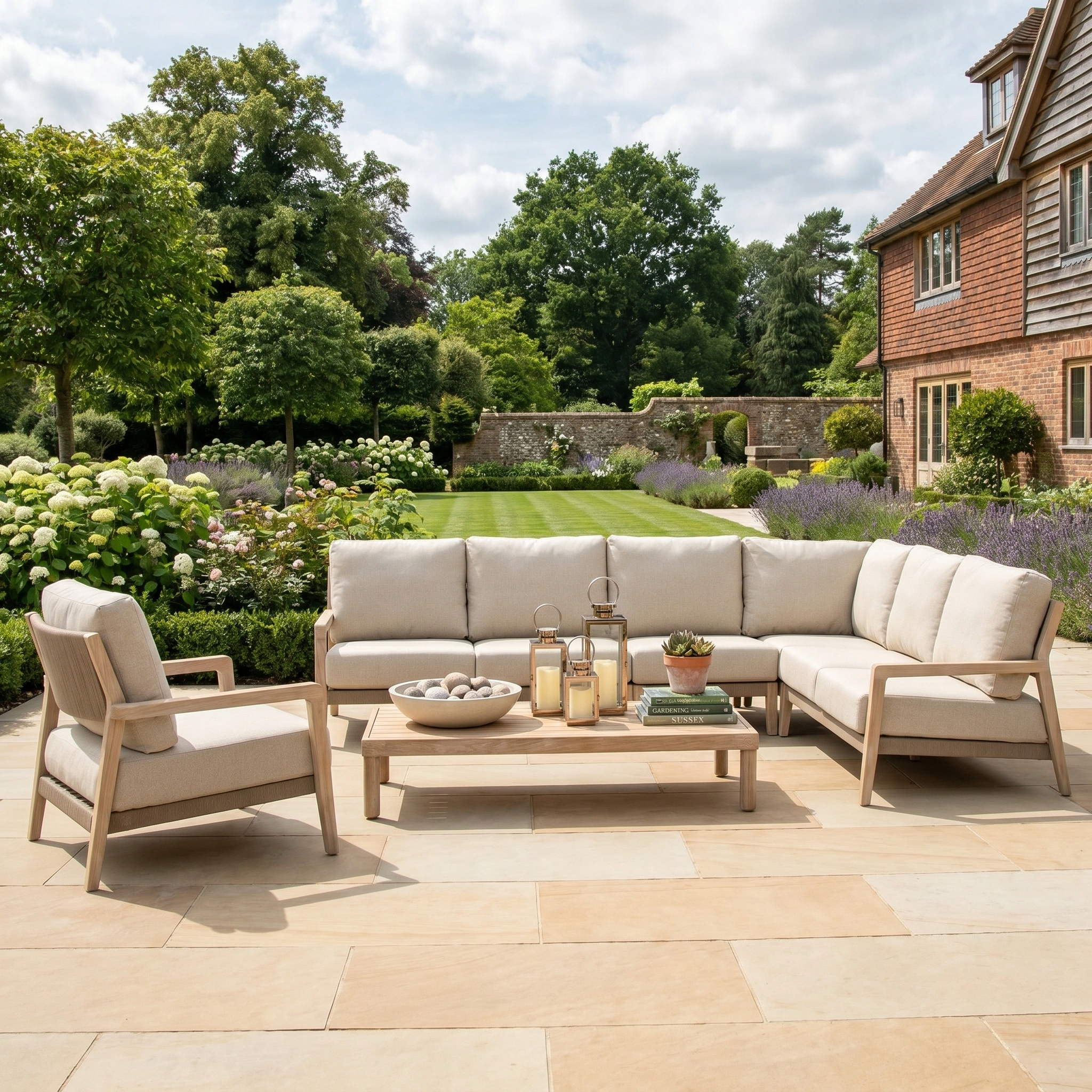 Noah Corner Sofa Set with Armchair in Volga Grey on a patio, providing stylish garden seating with landscaped garden and house view in the background.
