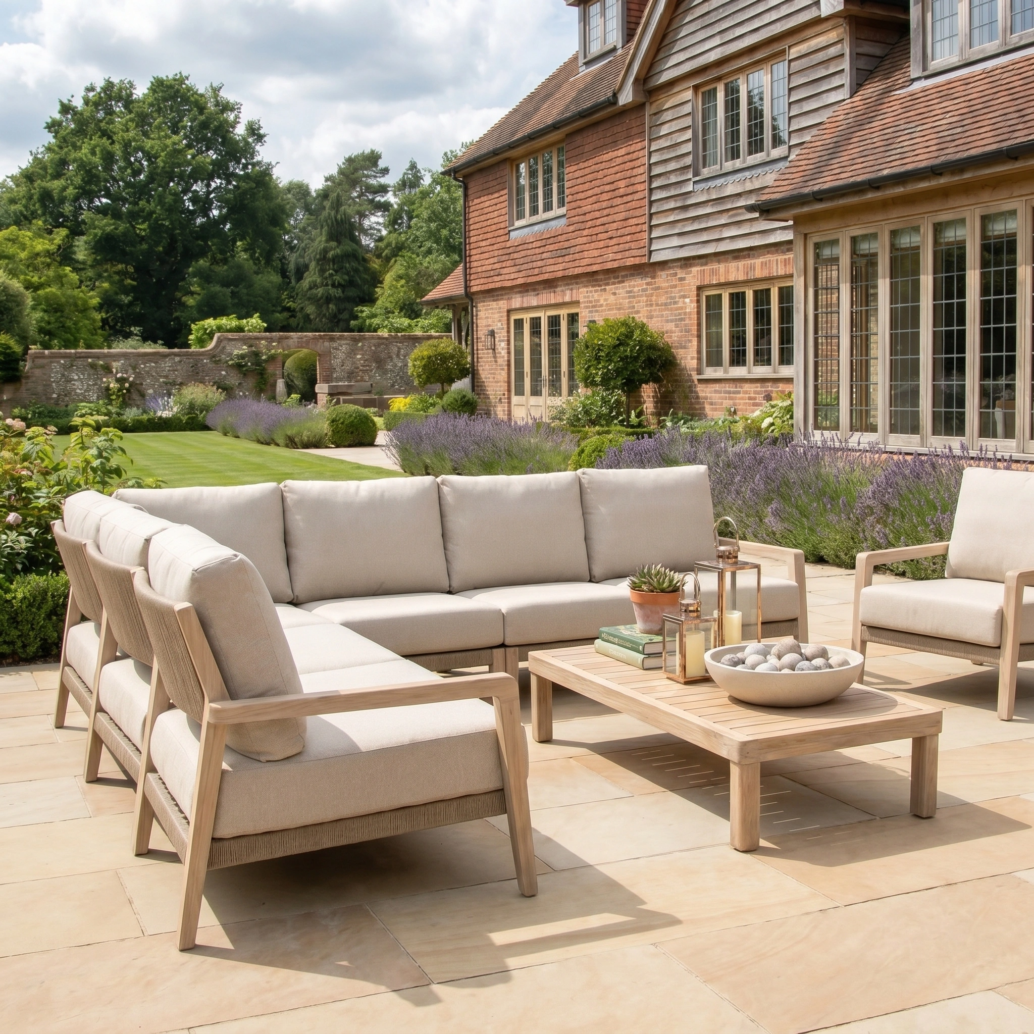 Outdoor living area featuring the Noah Corner Sofa Set with Armchair in Volga Grey, plus a coffee table and chairs on a patio by a brick house and lush garden seating.