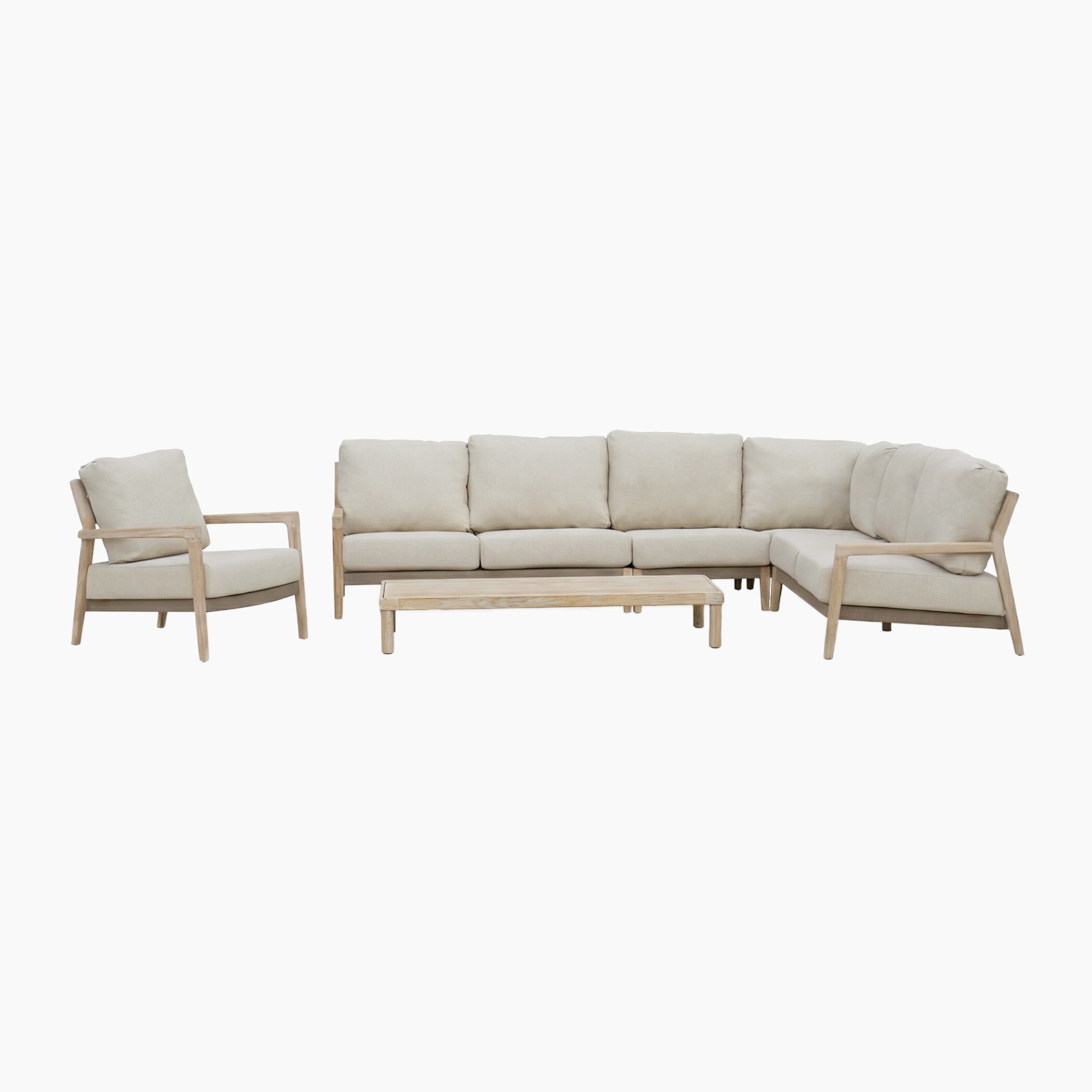 Noah Corner Sofa Set with Armchair in Volga Grey and a matching coffee table from the rustic teak outdoor furniture collection displayed on a white background.