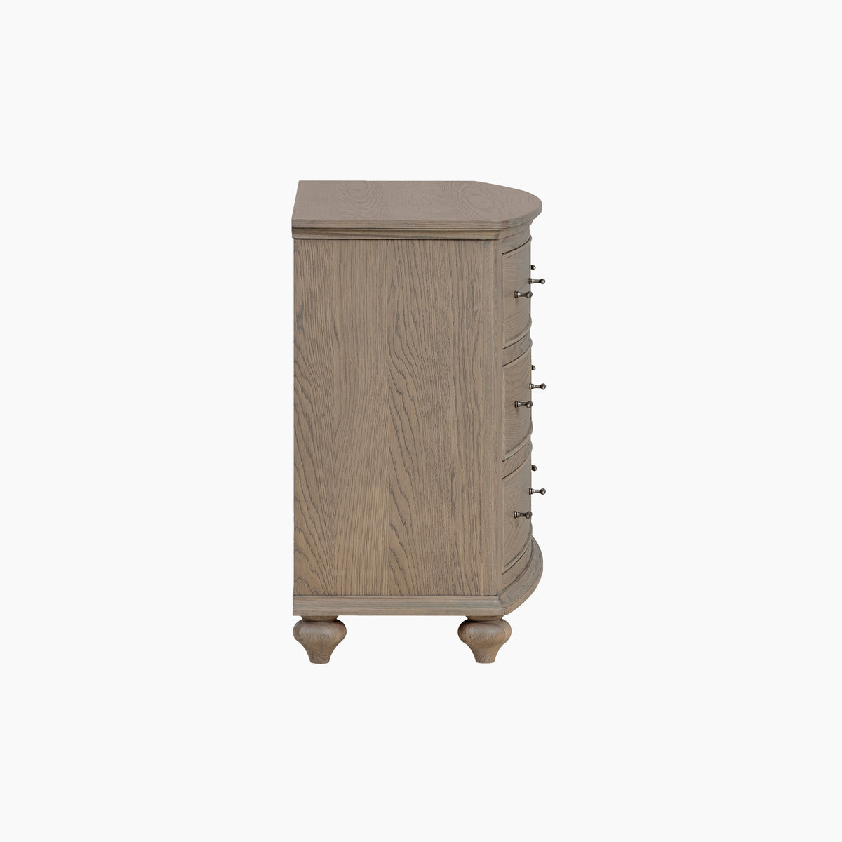 Side view of the Ophelia Chest of 6 Drawers in Natural, featuring a curved front and spacious wood drawers.