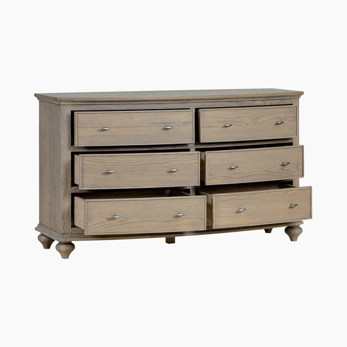 Ophelia Chest of 6 Drawers in Natural: Six-drawer wooden dresser with silver handles, ideal for bedroom storage.