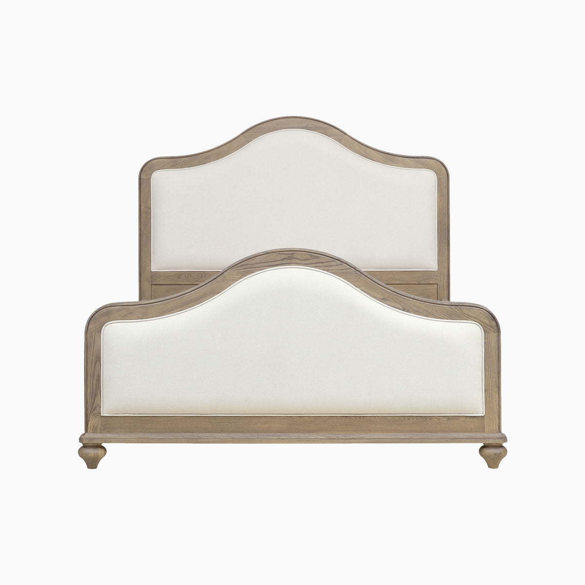 Ophelia Curved Upholstered Double Bed Frame in Natural, featuring a beige headboard and ash wood frame on white background.