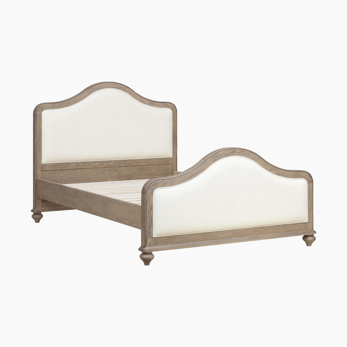 Ophelia Curved Upholstered Kingsize Bed Frame in Natural with cream arched headboard and footboard on white background.