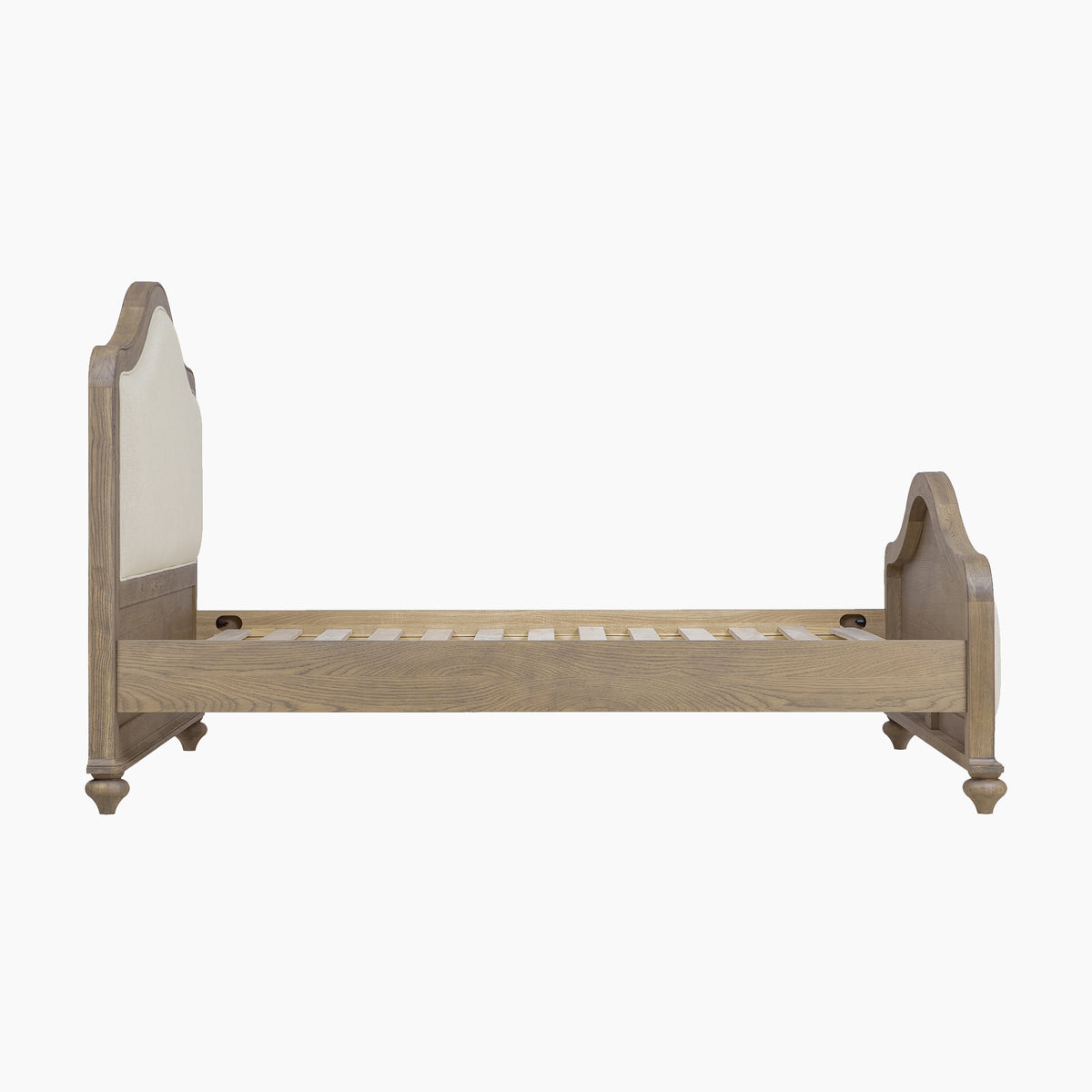 Ophelia Curved Upholstered Kingsize Bed Frame in Natural shown from the side, no mattress.