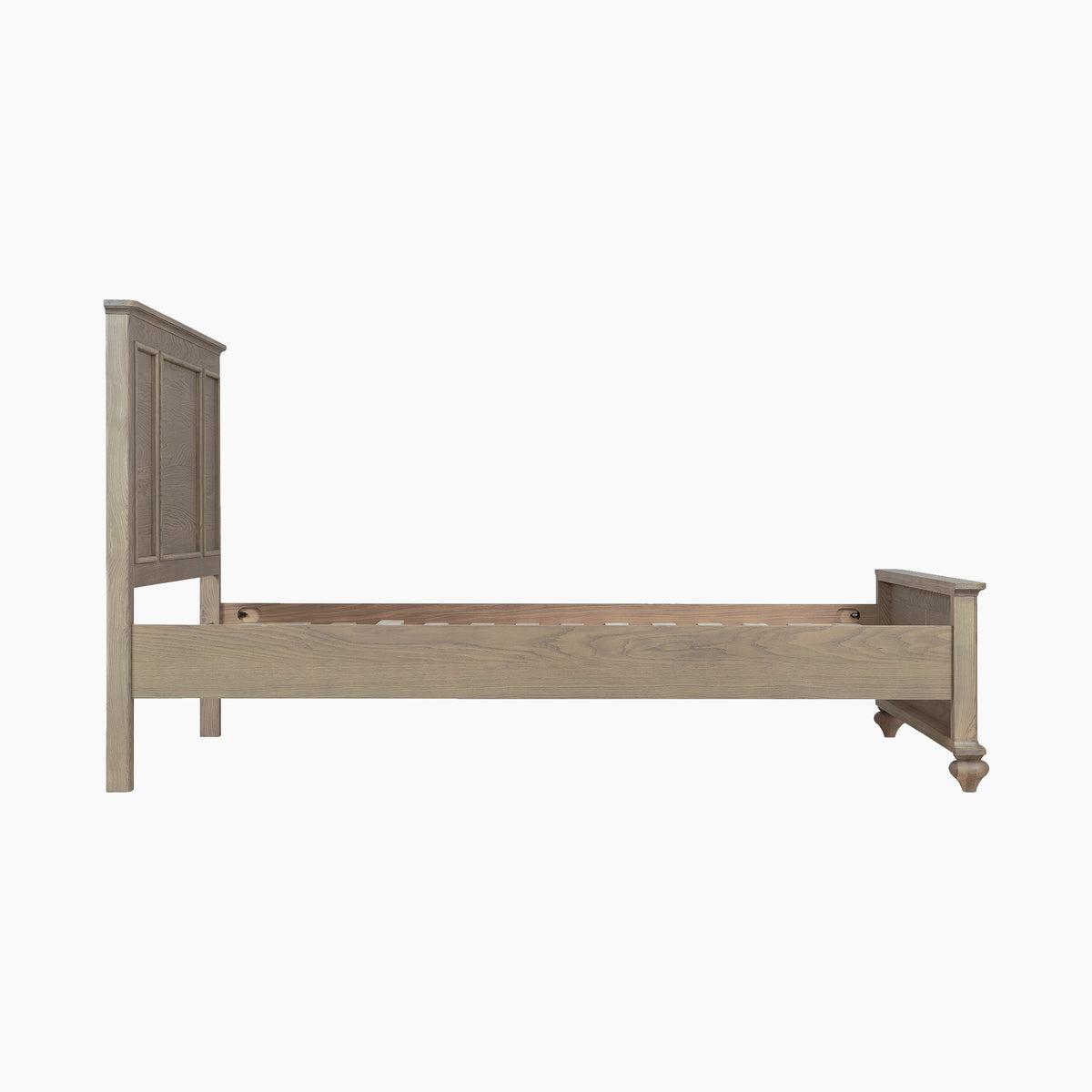 Side view of the Ophelia Double Bed Frame in Natural with solid ash headboard and paneled footboard.