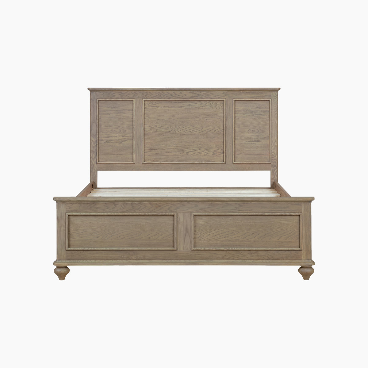 Ophelia Double Bed Frame in Natural shown from the front, highlighting tall solid ash headboard and panel details.