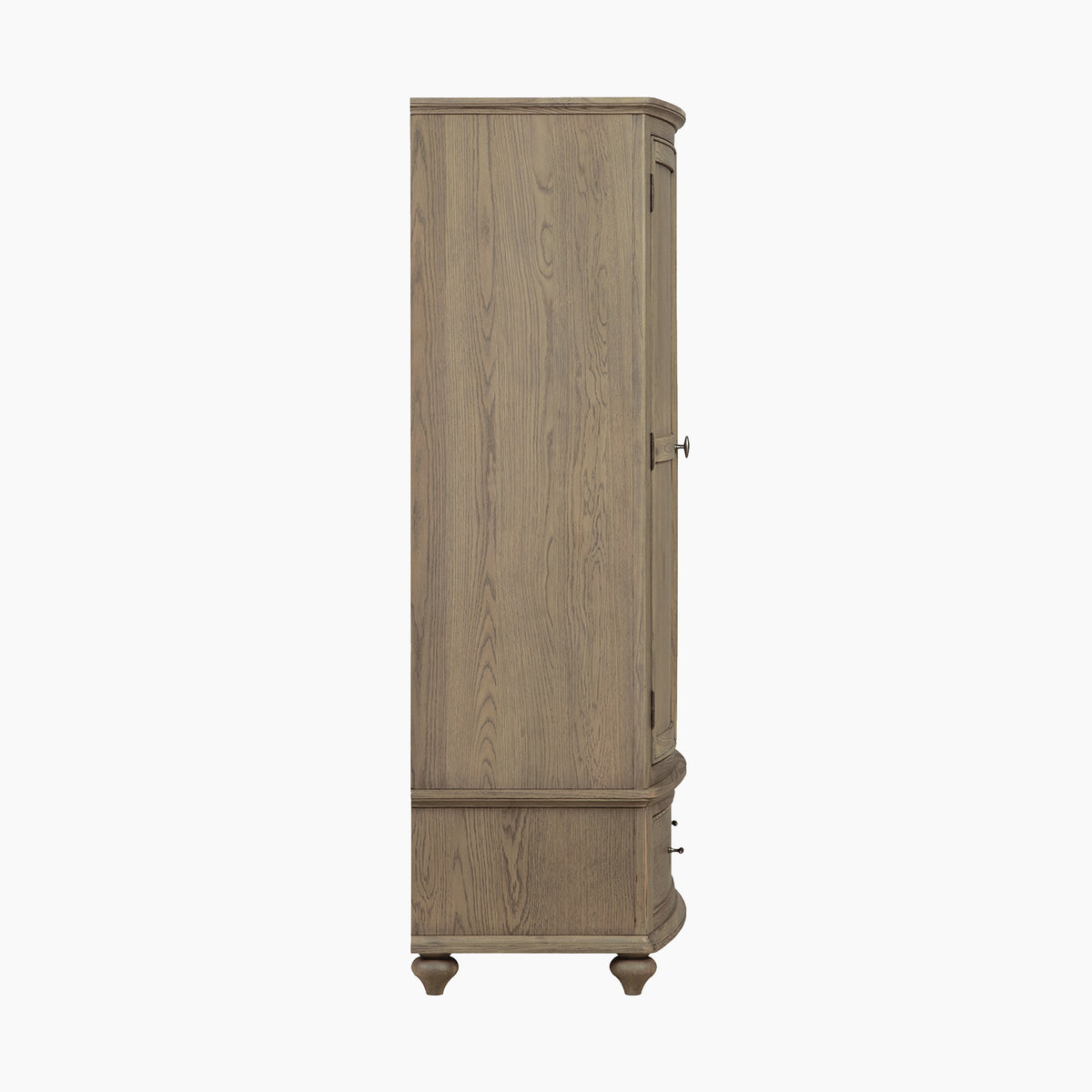 A side view of the Ophelia Double Wardrobe in Natural, featuring vertical panels and antique brass hardware.