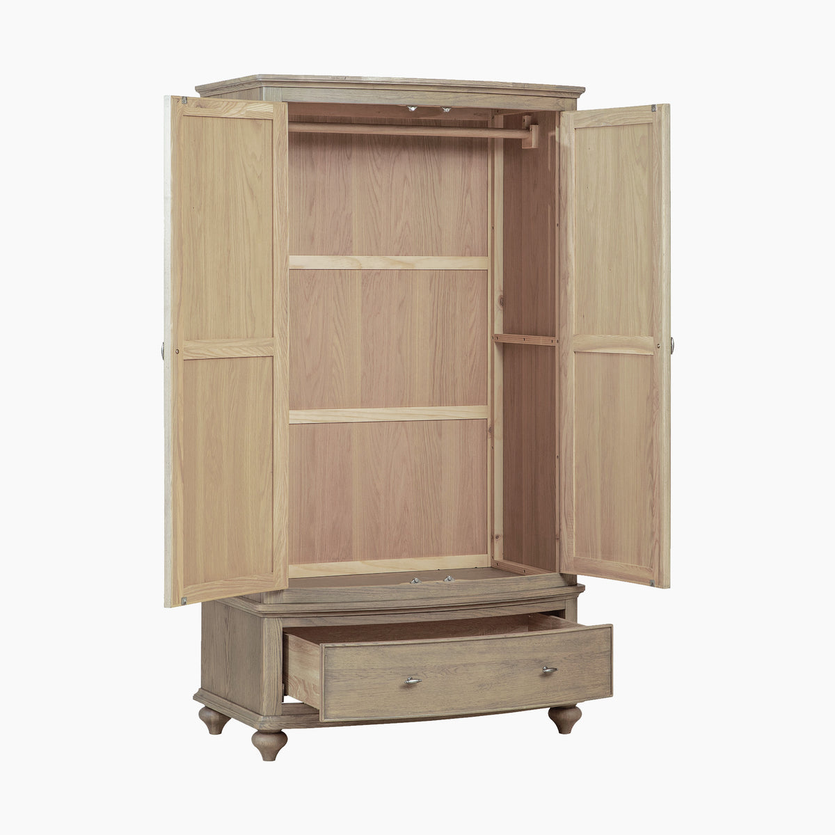 Ophelia Double Wardrobe in Natural with antique brass hardware, open doors, roomy drawer, and empty hanging rod.