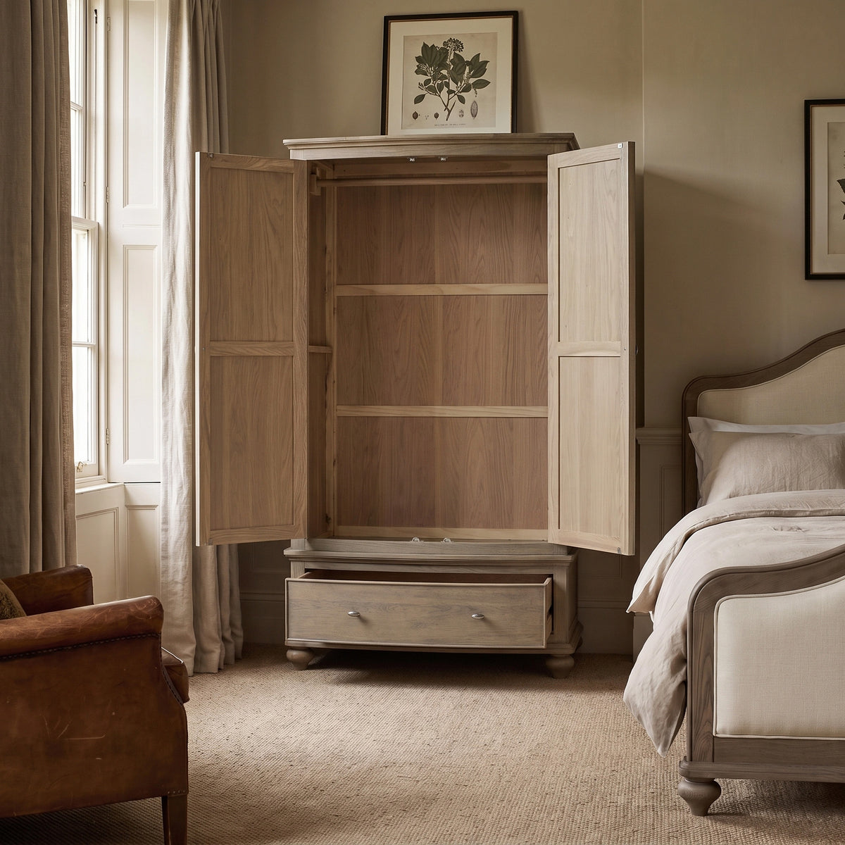 a bedroom with a bed and a cabinet