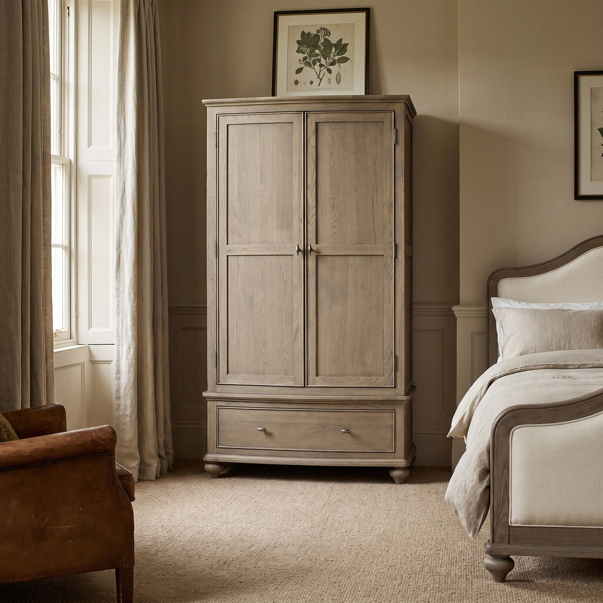 a bedroom with a bed and a large wardrobe