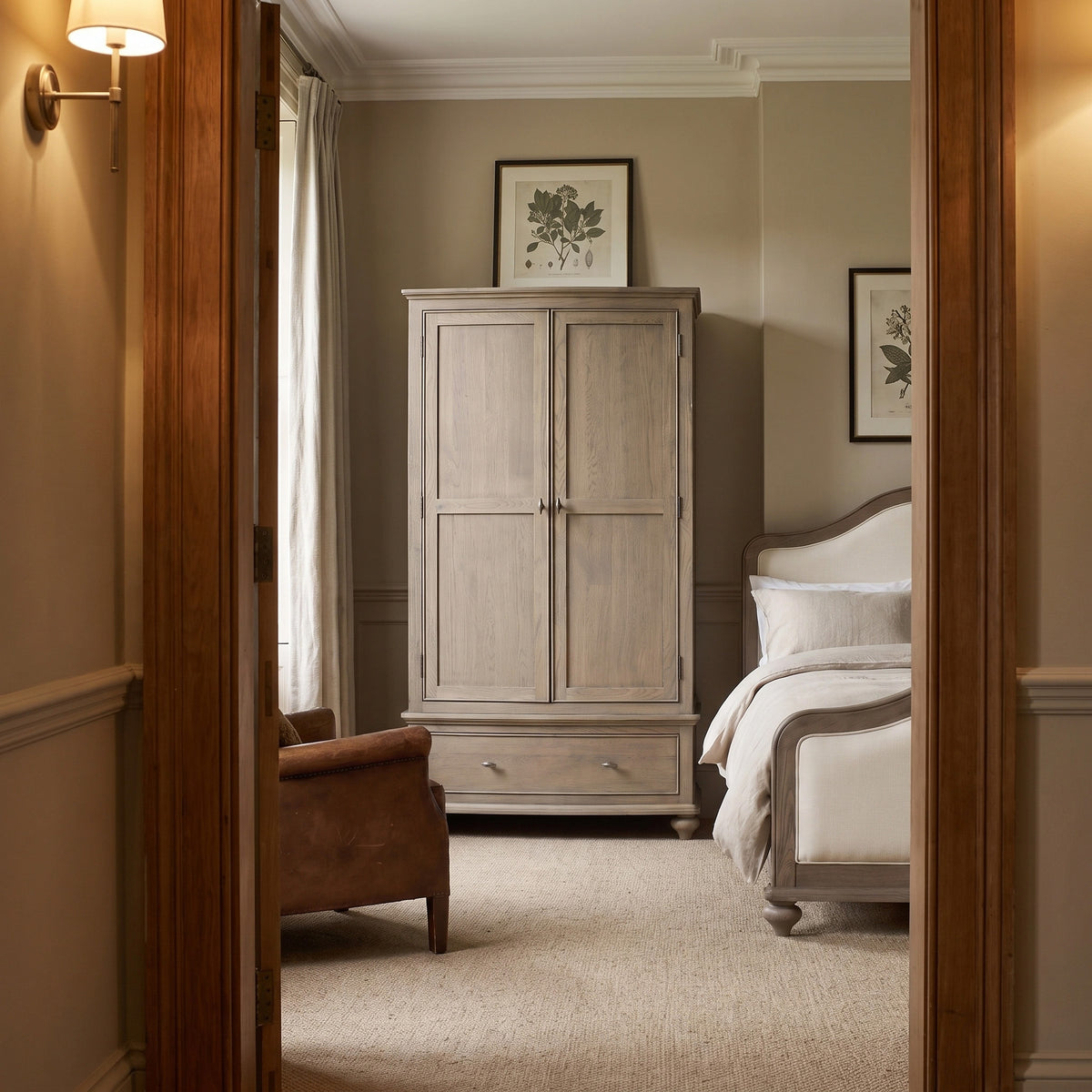 a bedroom with a bed and a cabinet