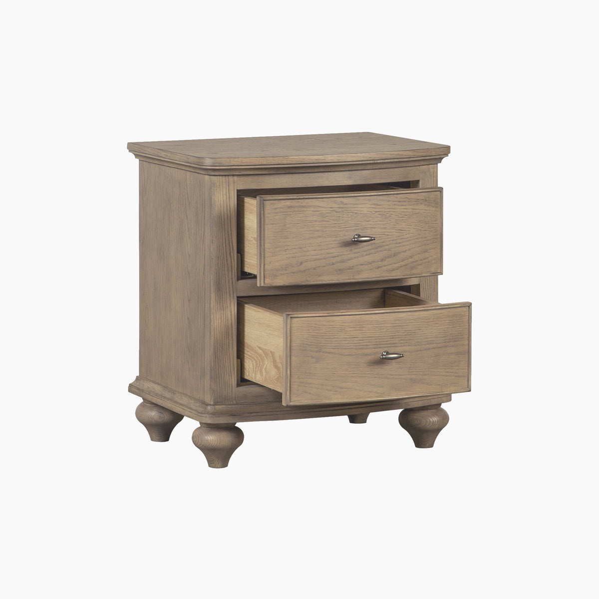 Ophelia 2 Drawer Bedside Table in Natural, with panel-front drawers and rounded legs, on a white background.