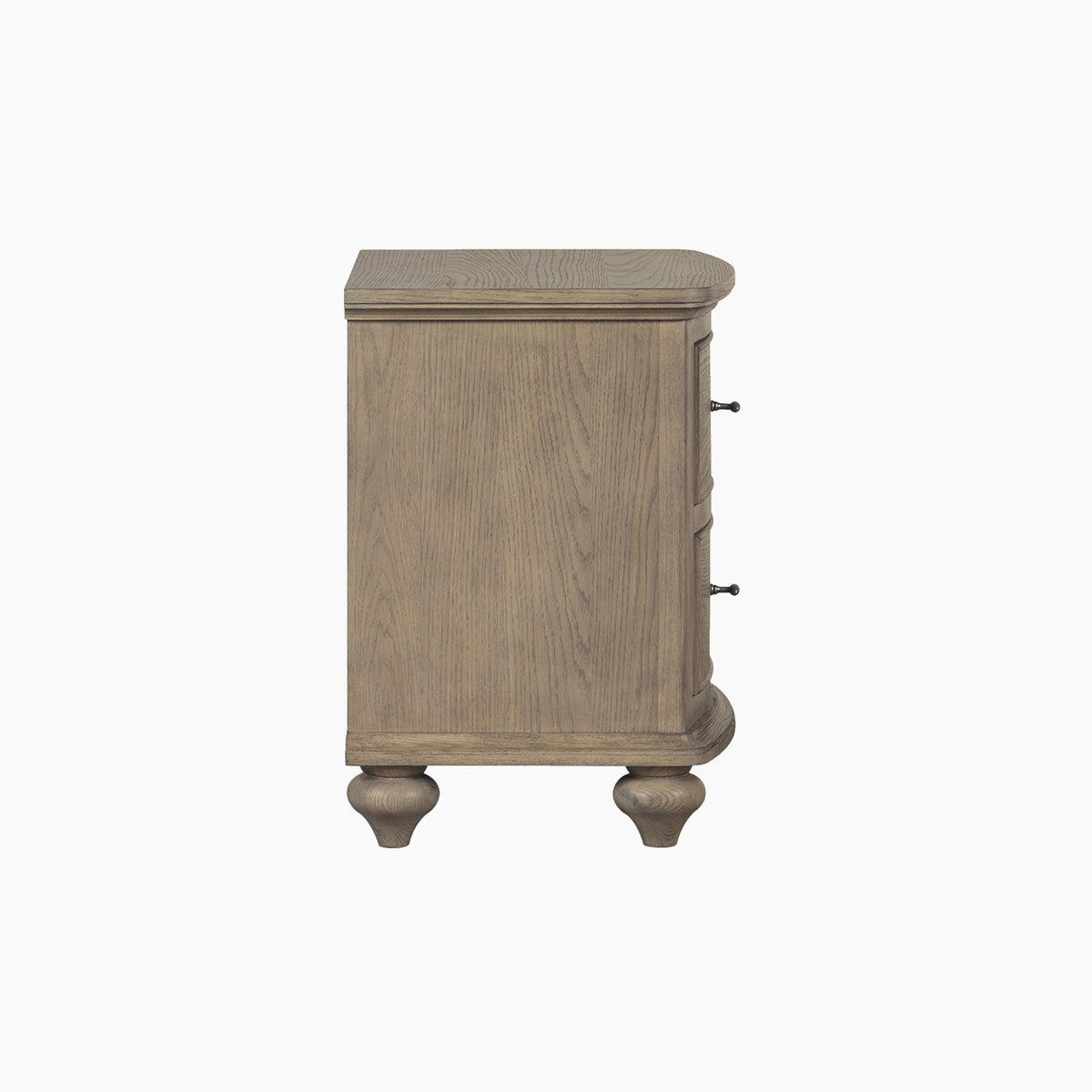 Side view of the Ophelia 2 Drawer Bedside Table in Natural with panel-fronted drawers and wood finish.