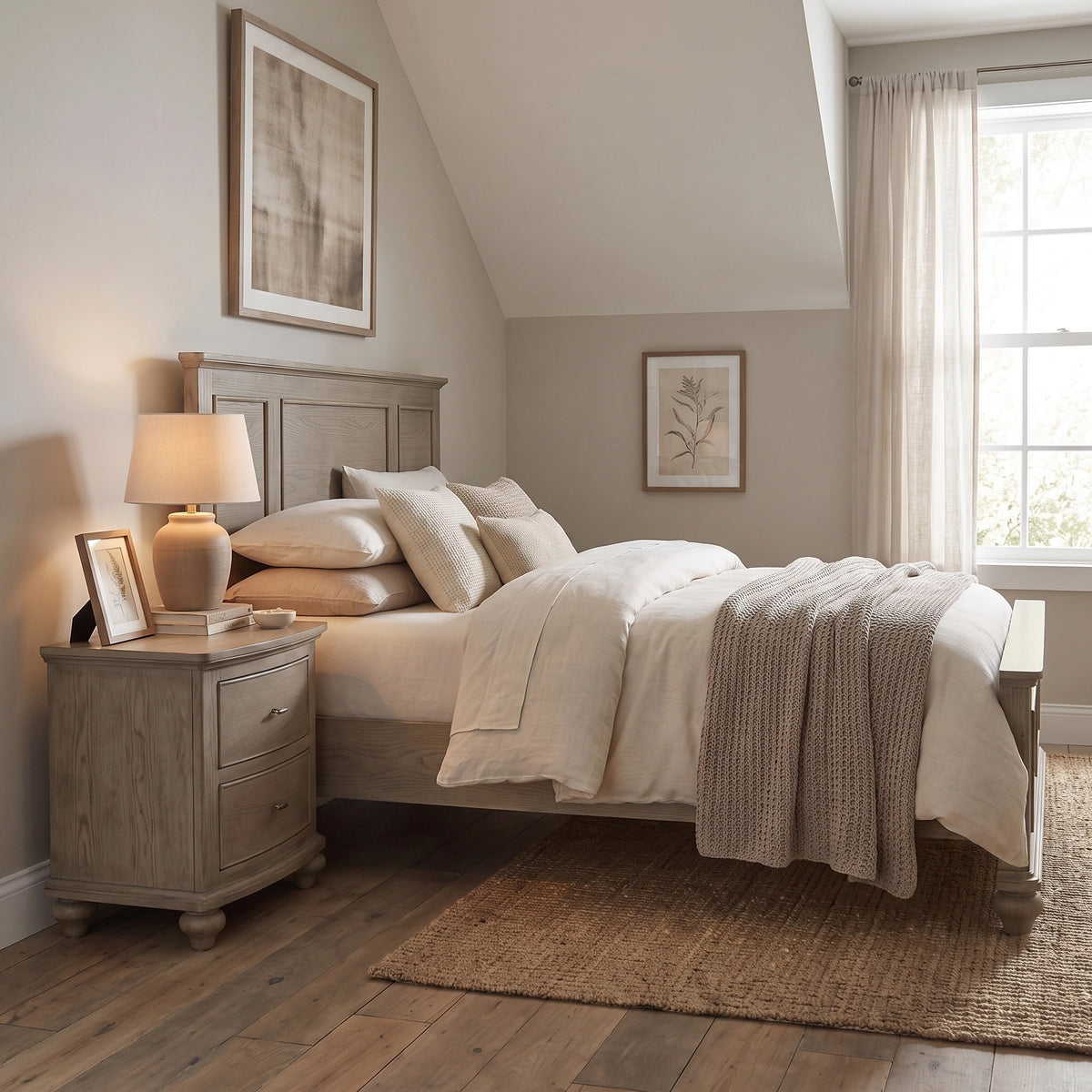a bed with a lamp and a table