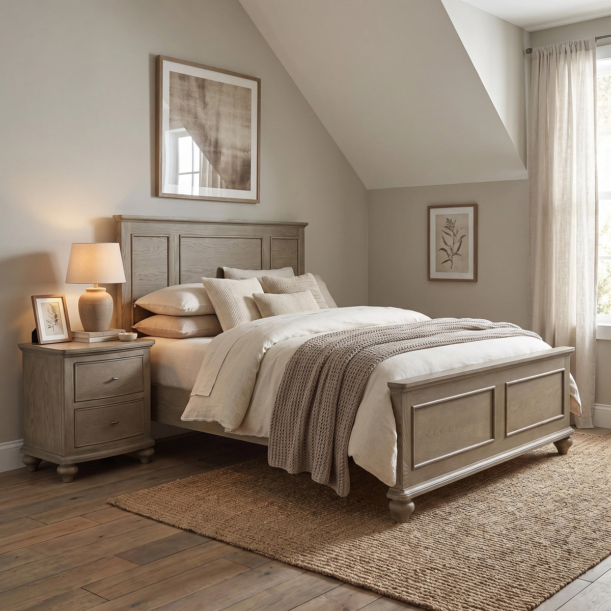 a bedroom with a bed and a nightstand