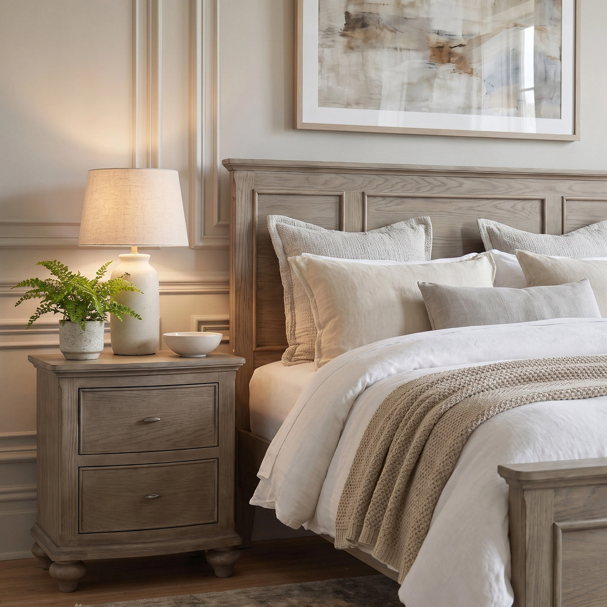 a bed with a lamp and a plant on a nightstand