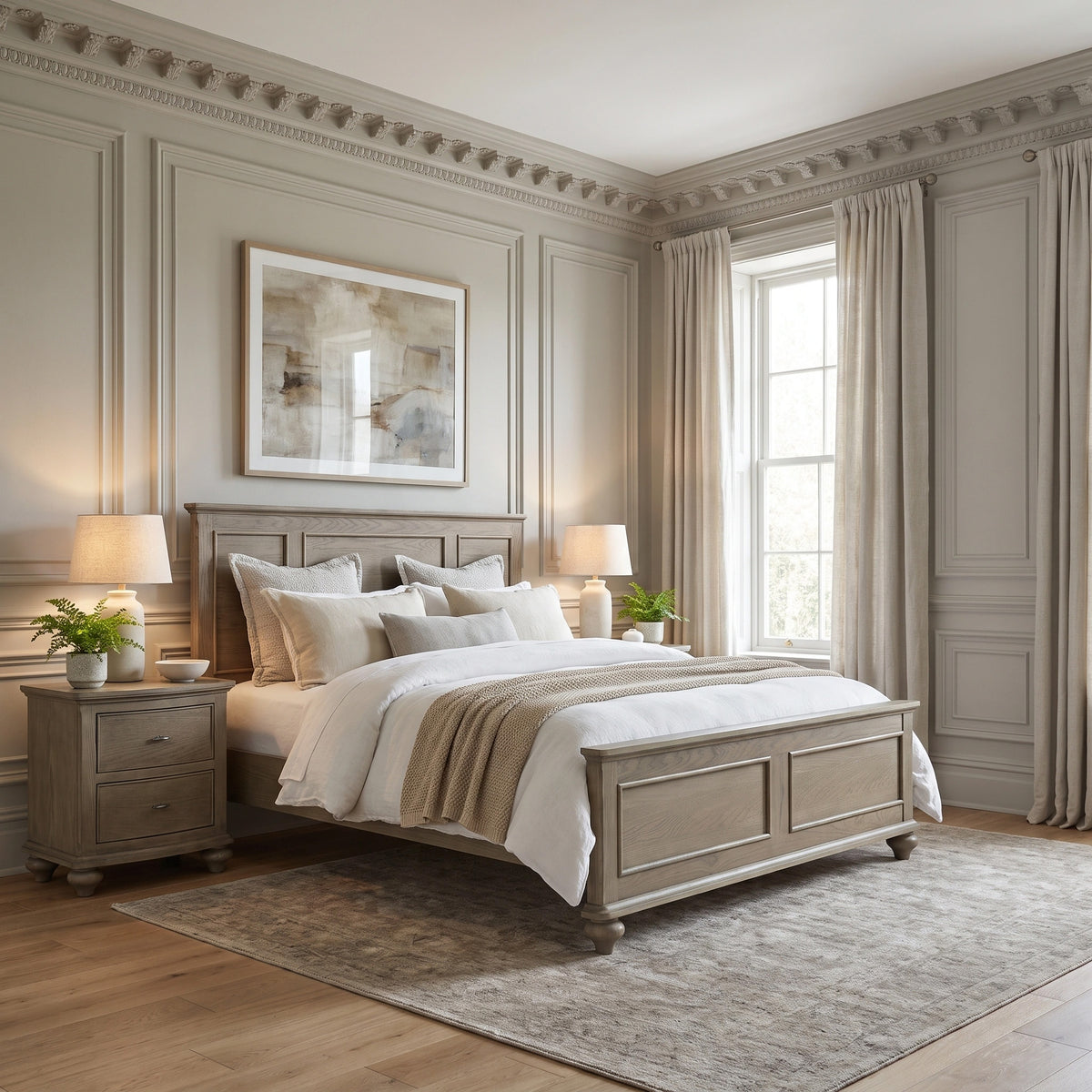 a bedroom with a bed and a rug