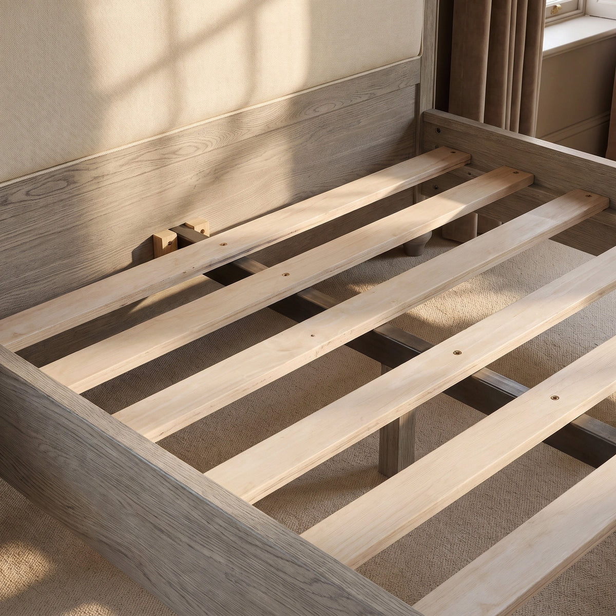 a wooden bed frame with no mattress