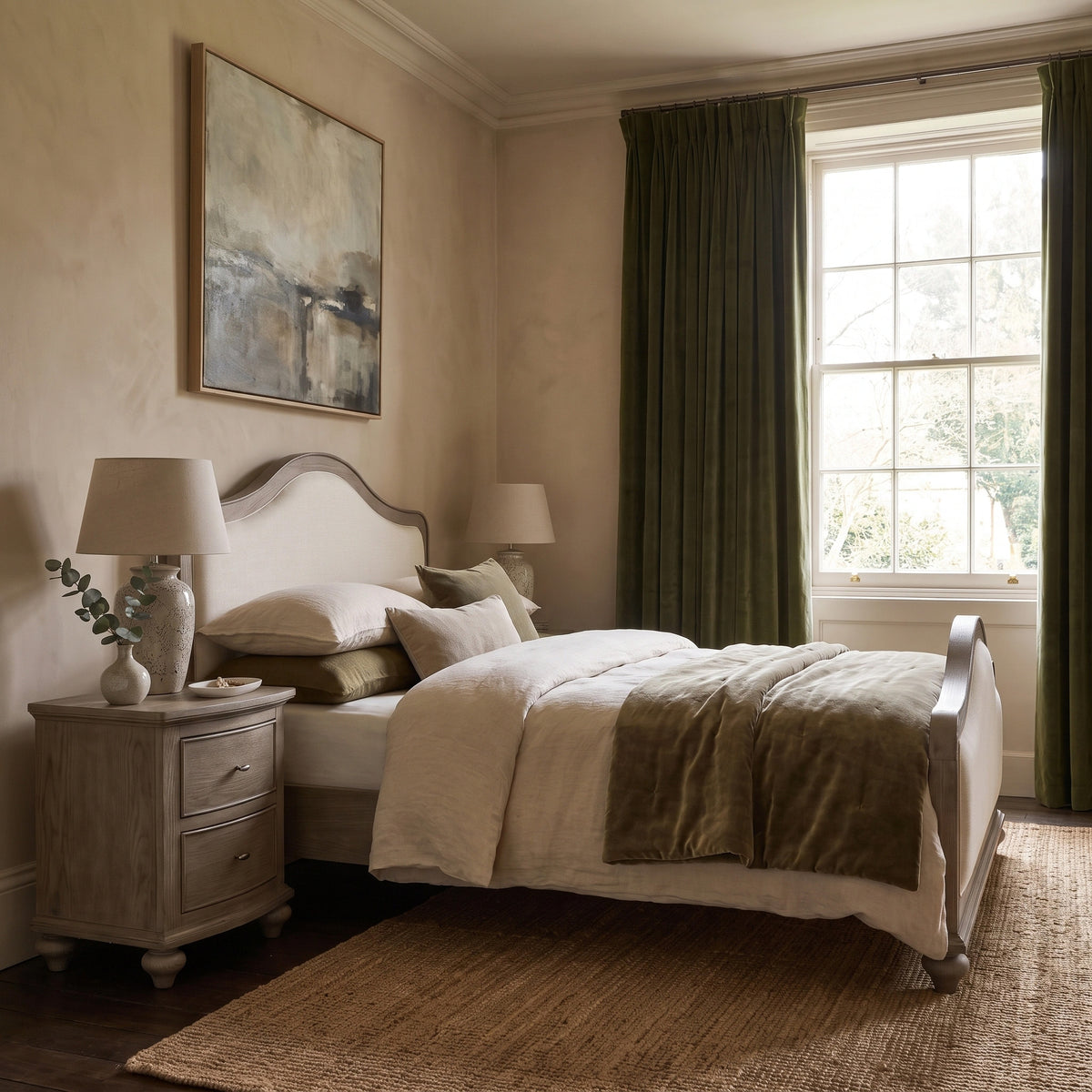 a bedroom with a bed and a table