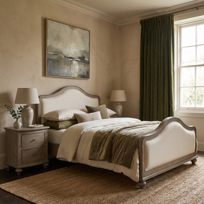a bedroom with a bed and a lamp