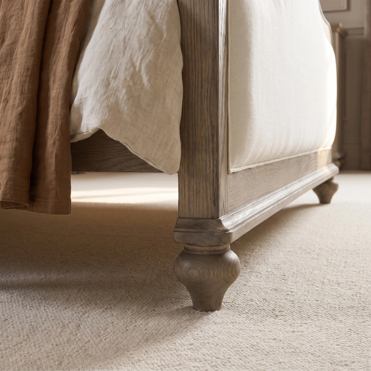 a bed with a wooden leg