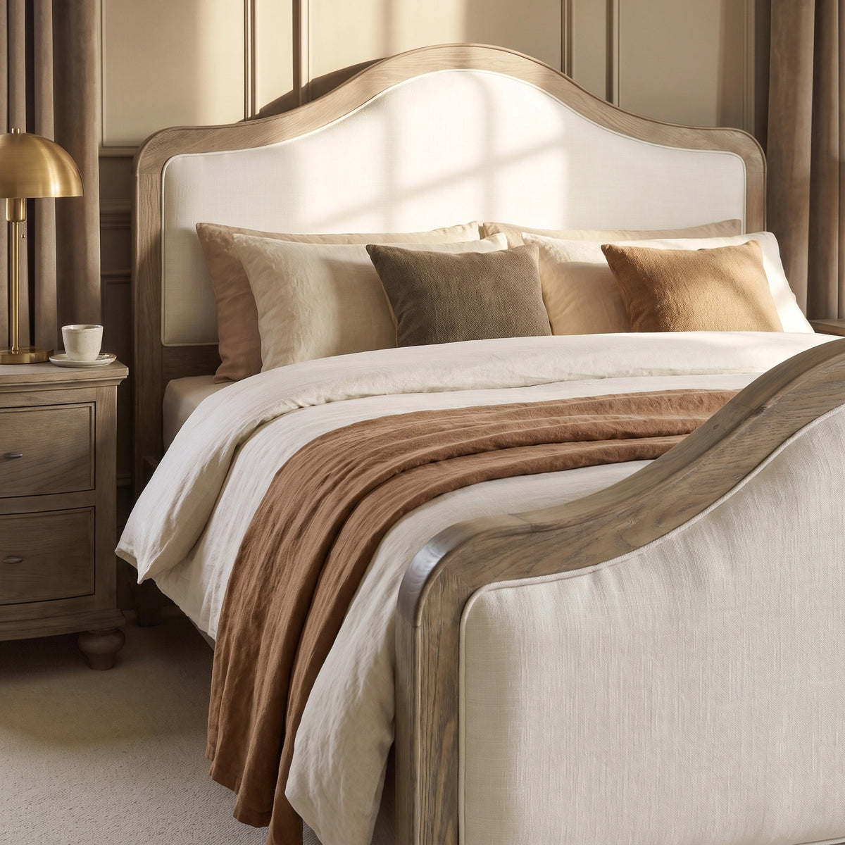 a bed with a lamp and a nightstand