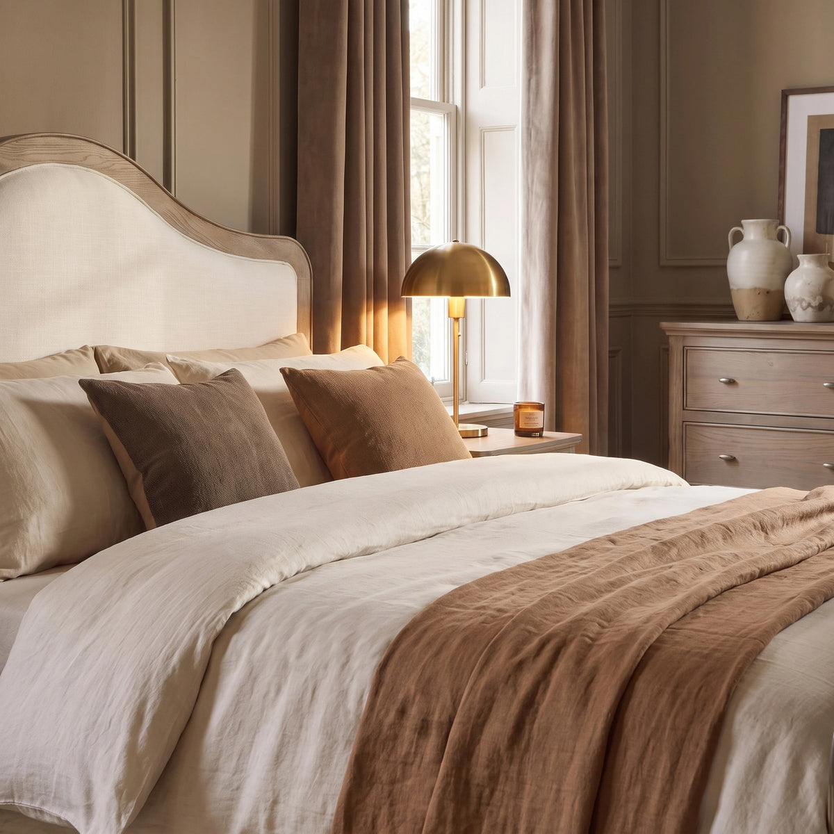a bed with a lamp and a picture on the side of it
