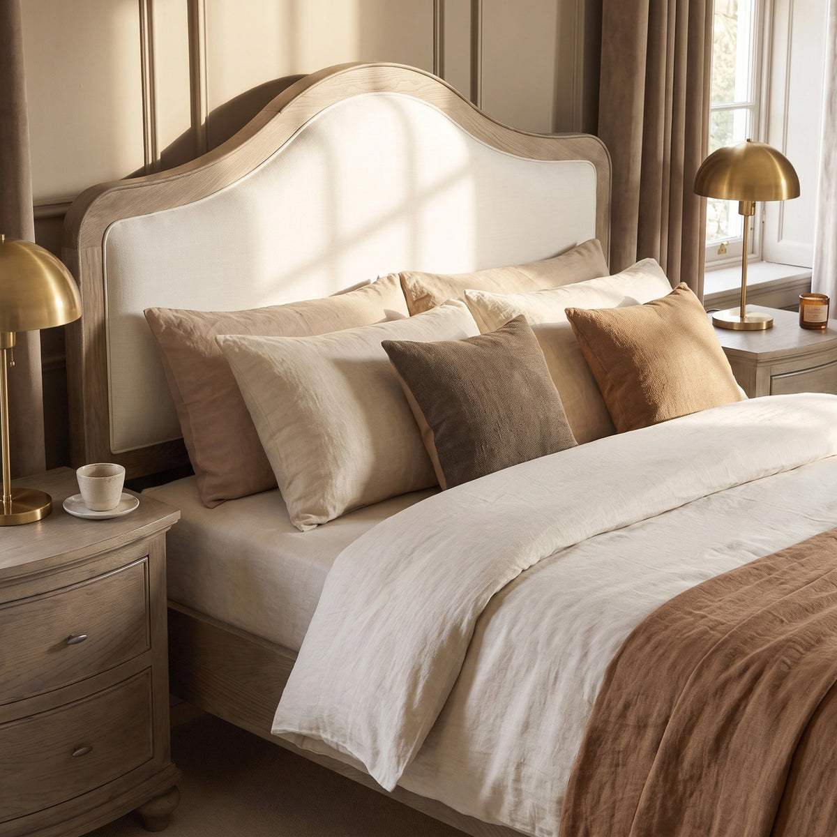 a bed with pillows and a lamp