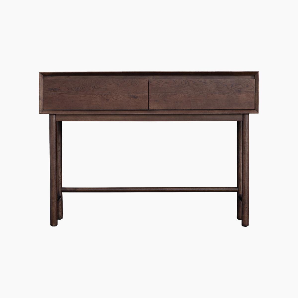 The Oslo 2 Drawer Console Table in Walnut showcases a sleek, modern design with a rich walnut finish and two spacious drawers, making it an elegant addition to any space—perfect for use as a hallway table or stylish console table.