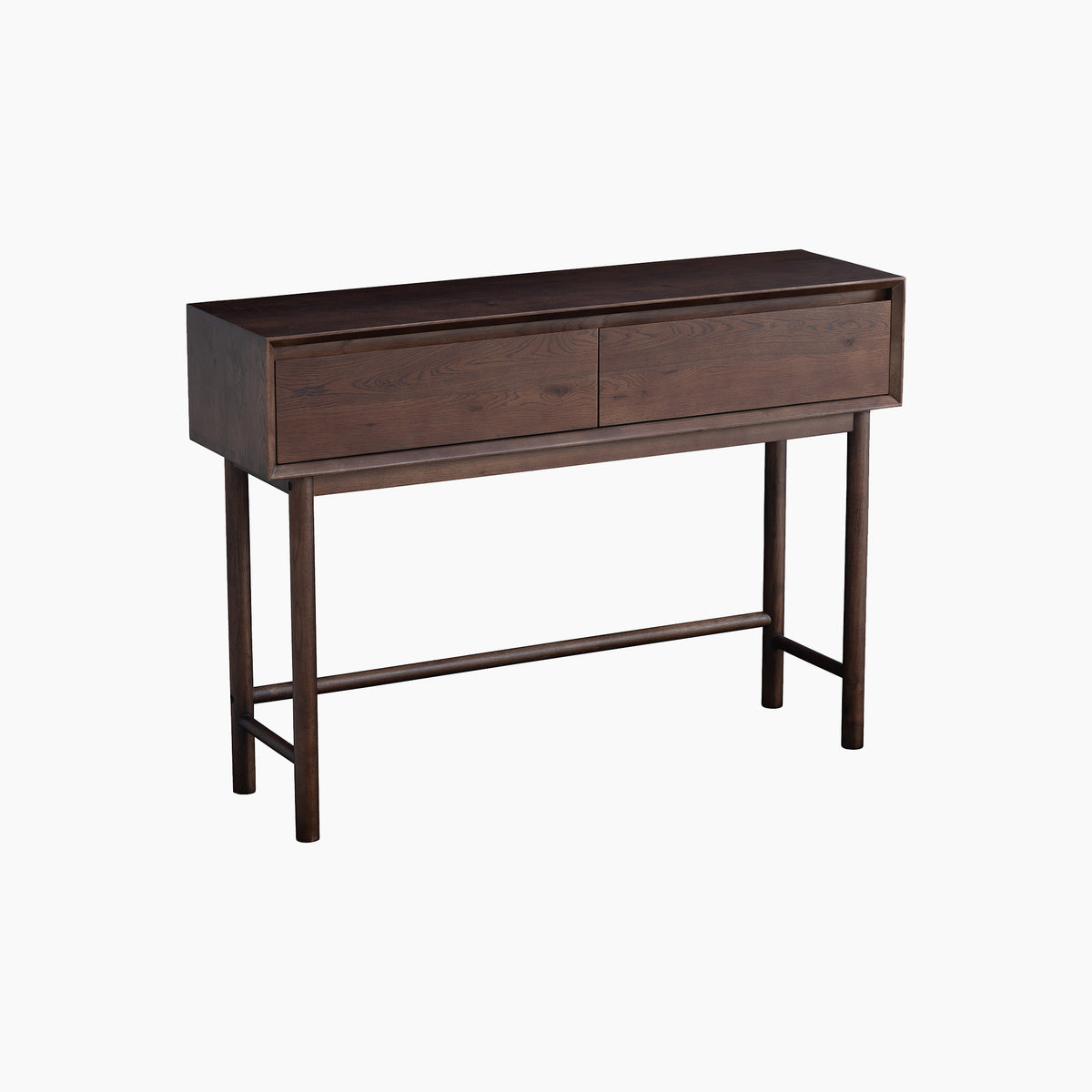 Oslo 2 Drawer Console Table in Walnut, featuring slim legs, set against a plain white background.