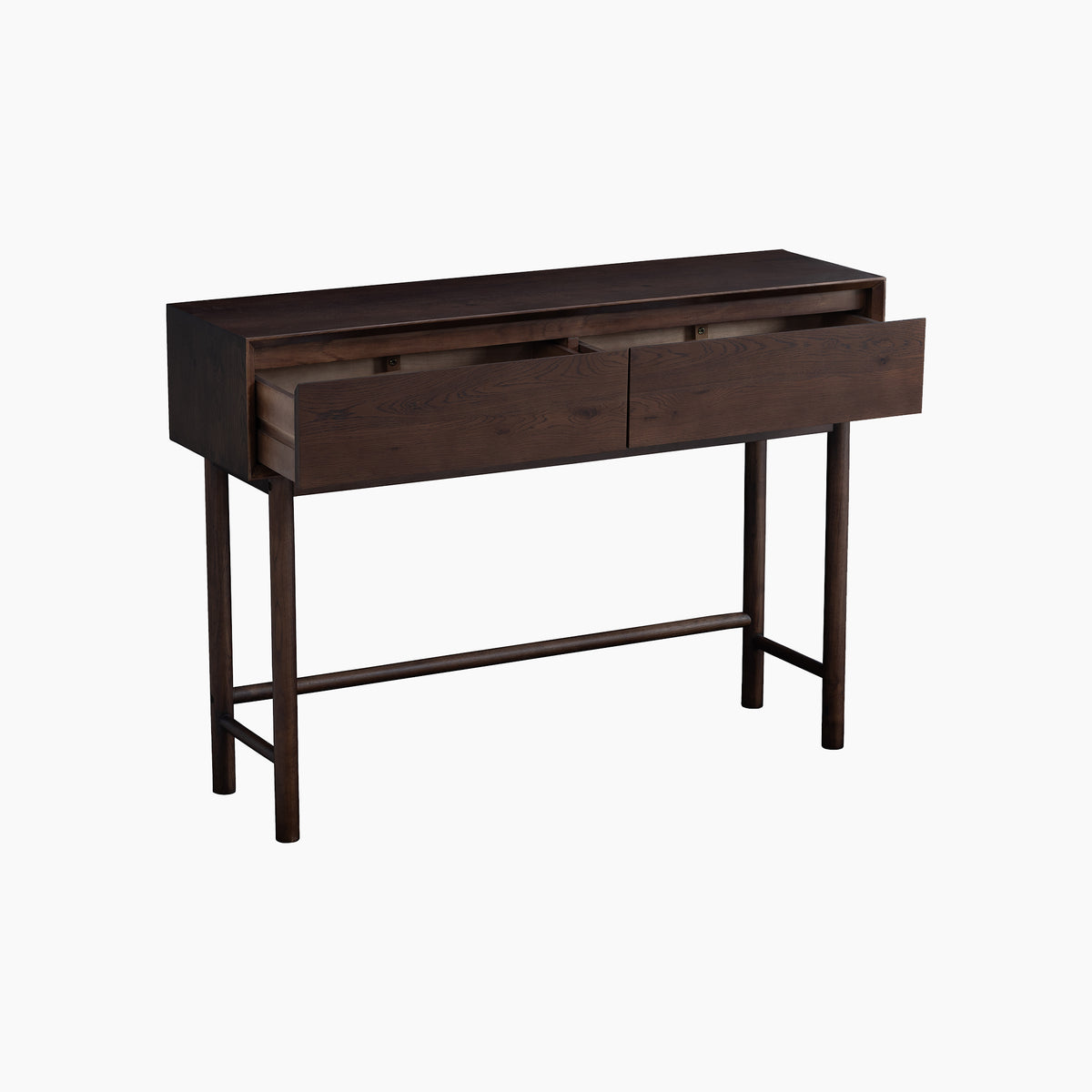Oslo 2 Drawer Console Table in Walnut with two drawers, one slightly open, standing on four legs against a white background.