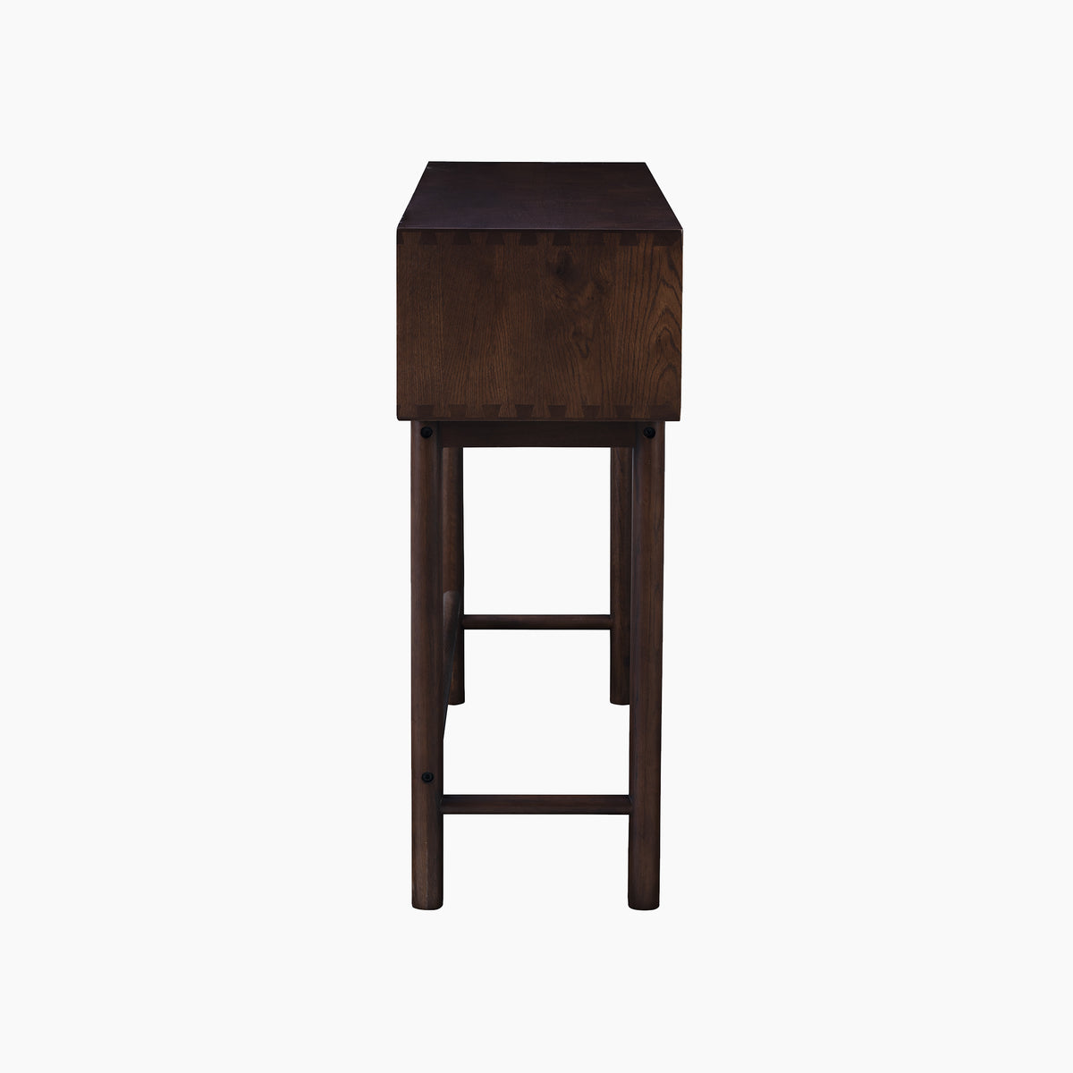 Slim walnut console table with a rich dark finish, viewed end-on against a white background—an elegant piece inspired by the Oslo 2 Drawer Console Table in Walnut, ideal as a hallway or entryway accent for contemporary interiors.