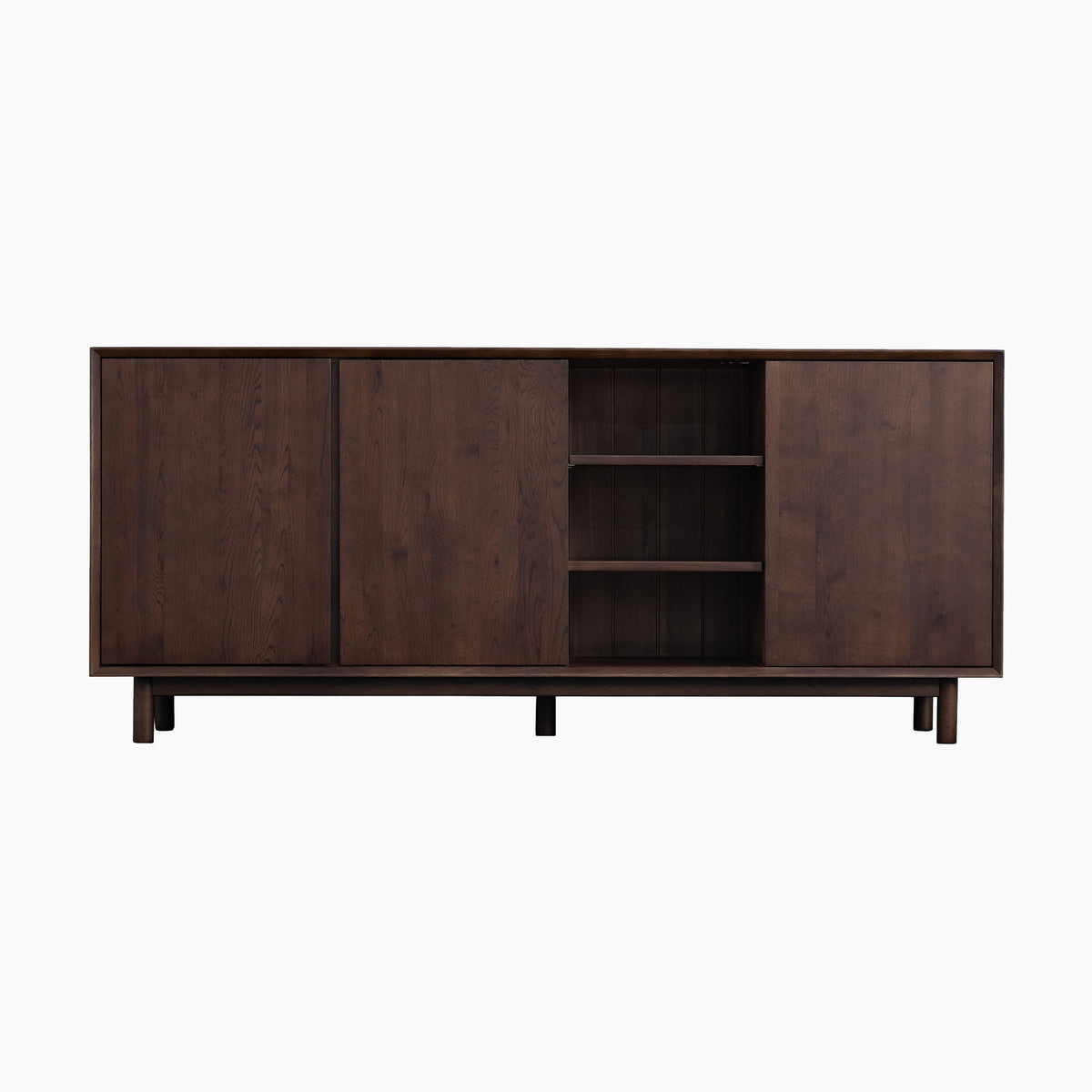 Oslo 3 Door Sideboard with Shelves in Walnut, featuring three sliding doors with one door open to reveal two interior shelves, set against a white background.