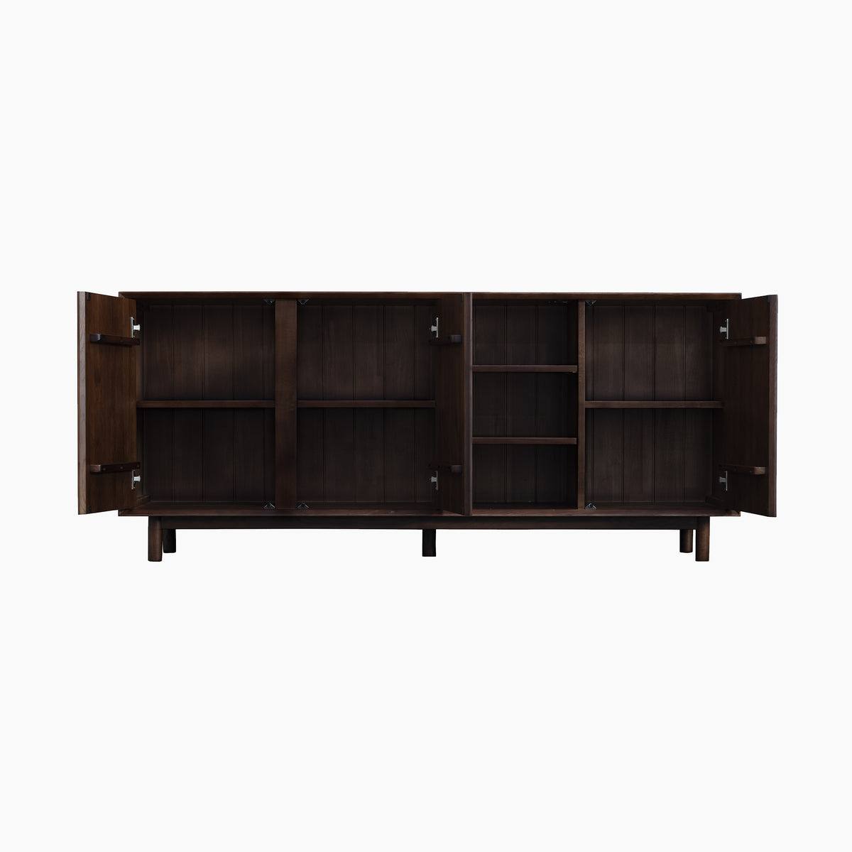 Oslo 3 Door Sideboard with Shelves in Walnut displayed with doors open to reveal interior shelving, set against a plain white background.