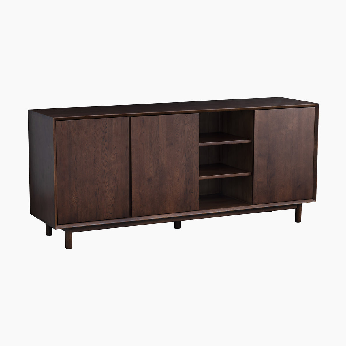 Oslo 3 Door Sideboard with Shelves in Walnut featuring two sliding doors, three open shelves, and thin legs is showcased against a white background—a stylish sideboard that beautifully echoes contemporary design.