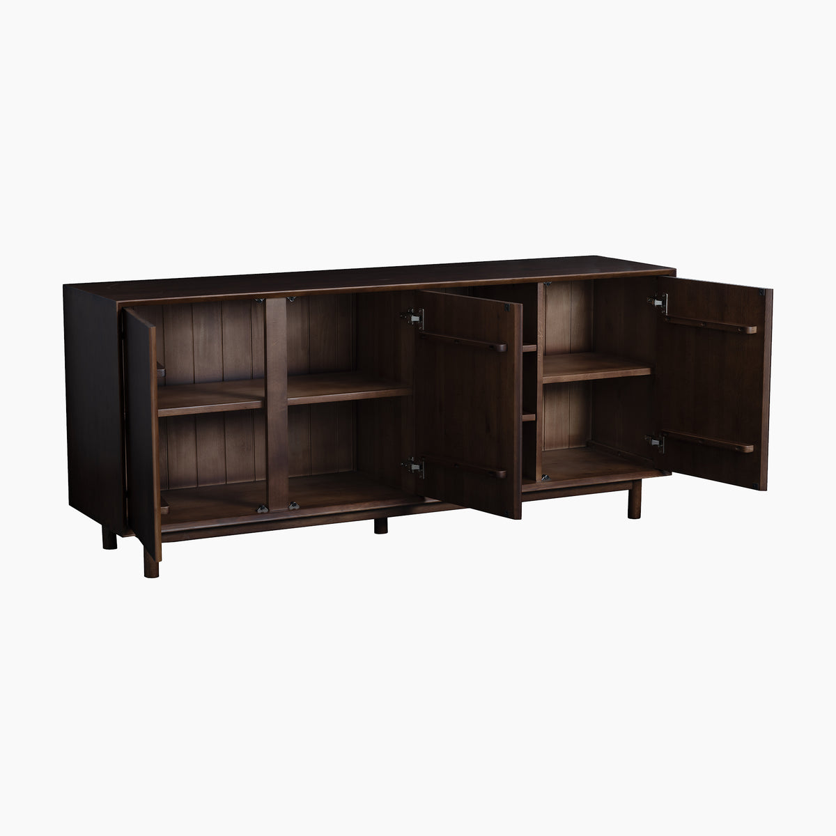 The Oslo 3 Door Sideboard with Shelves in Walnut features three open cabinet doors, revealing spacious interior shelves, set against a white background. This elegant sideboard combines timeless style and practical storage for any room.