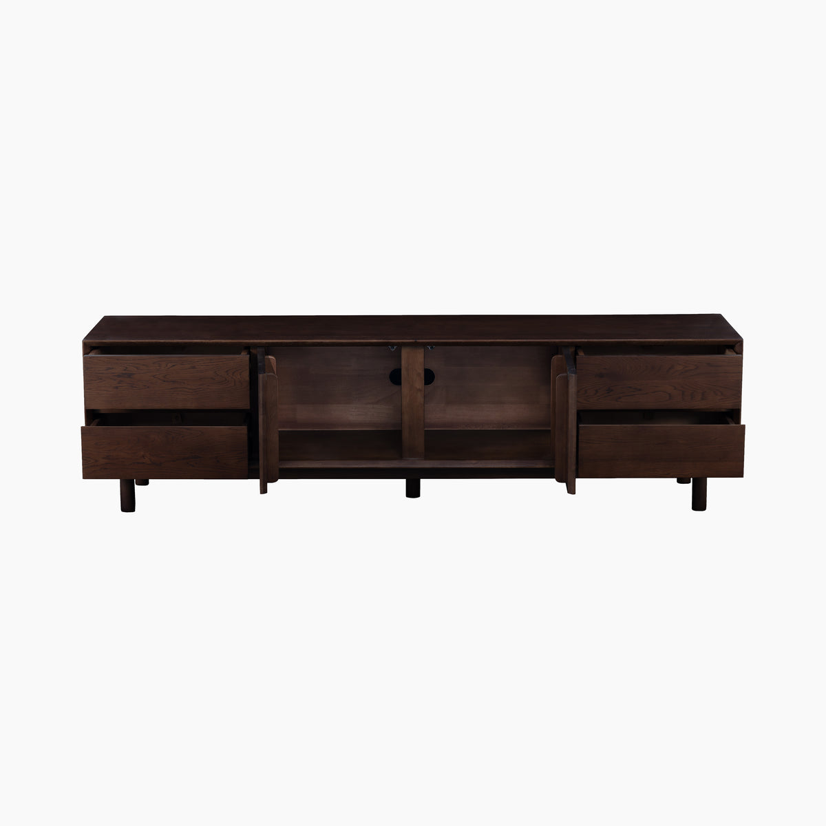 Oslo TV Unit in Walnut with open shelves, two cabinets, and two drawers, displayed on a white background.