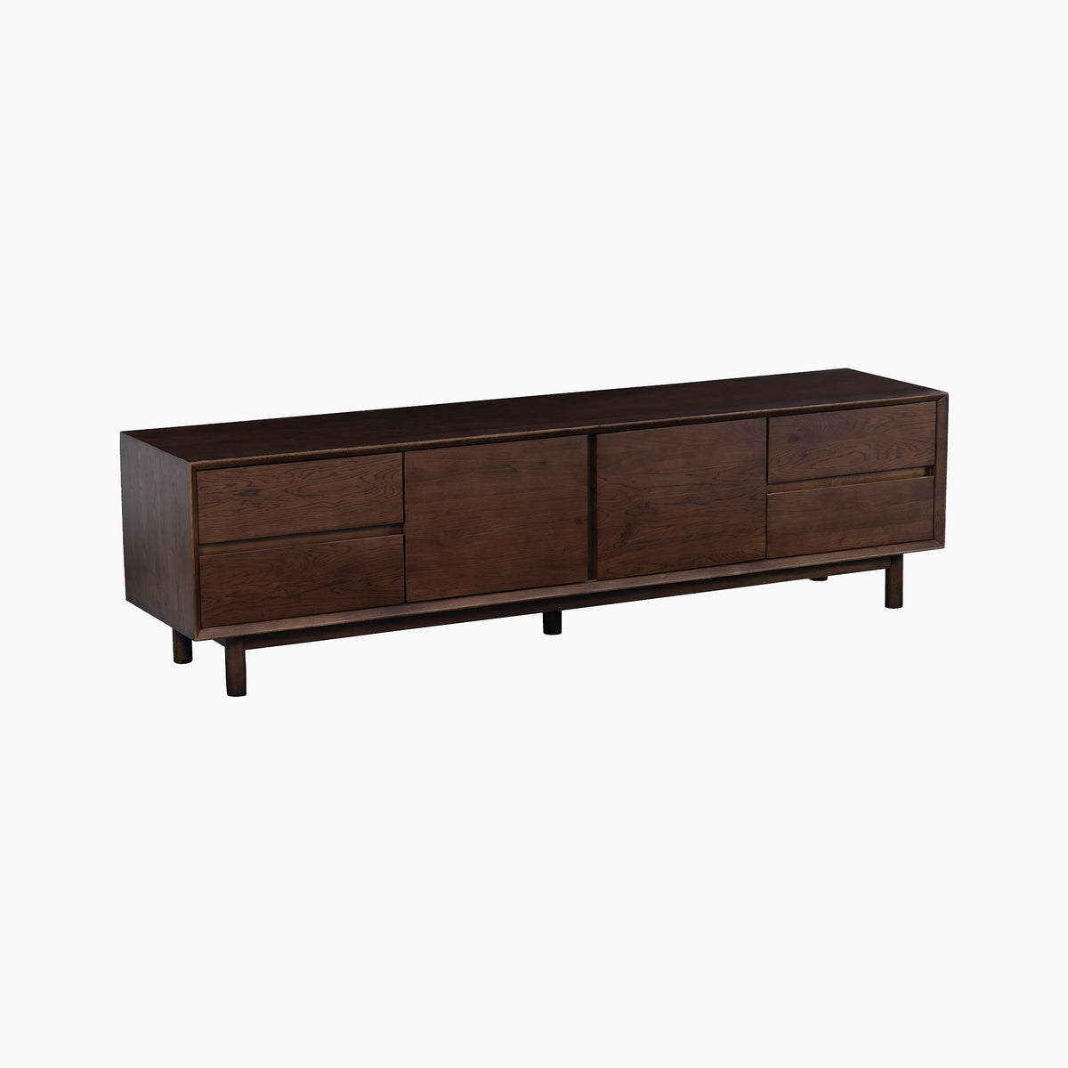 Oslo TV Unit in Walnut, crafted from solid wood with two cabinets and two drawers, standing on short legs against a white background.