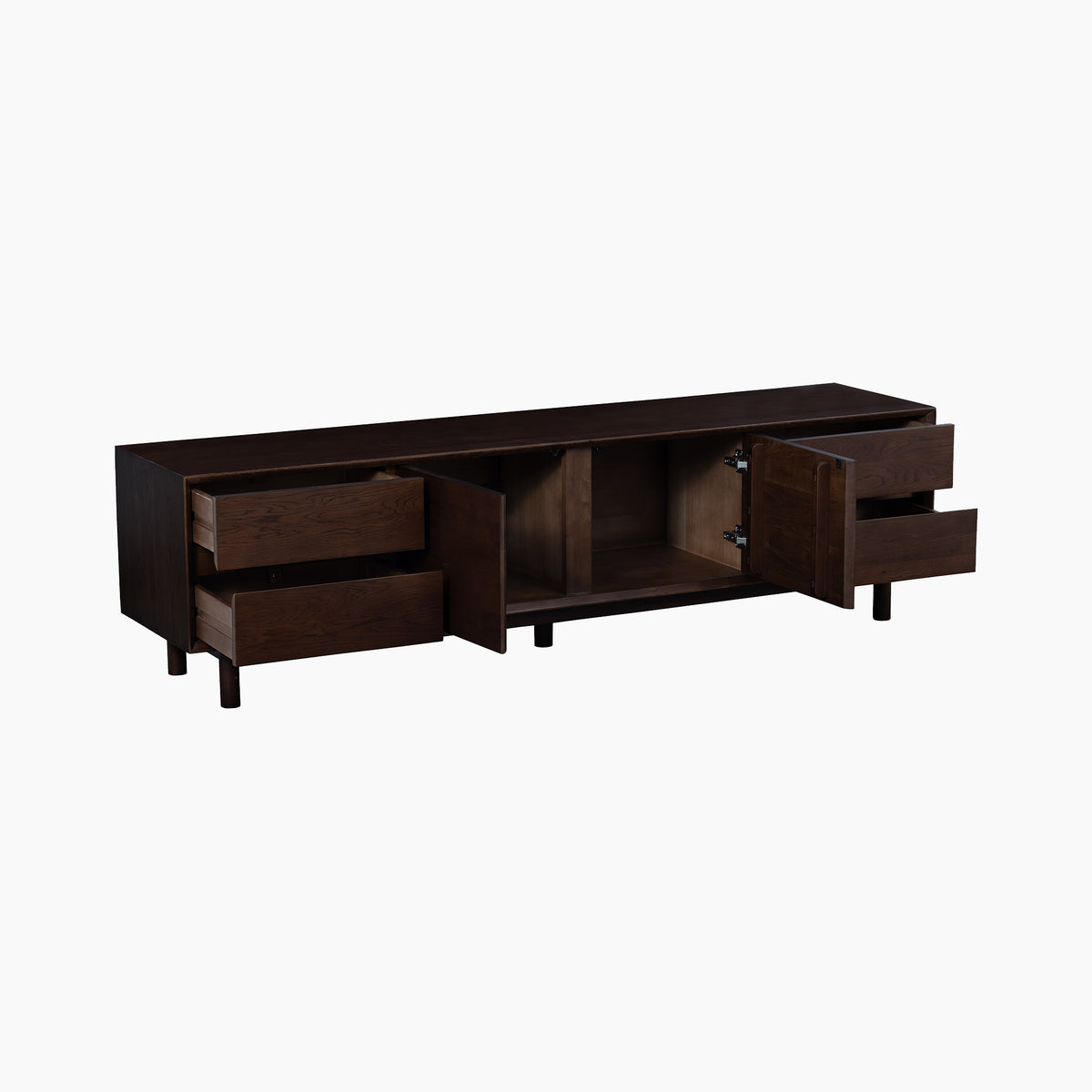 The Oslo TV Unit in Walnut is a solid wood TV stand with a dark walnut finish, featuring four open drawers and a central open cabinet, shown on a white background. Perfect as a walnut TV cabinet, it combines timeless style with practical storage.