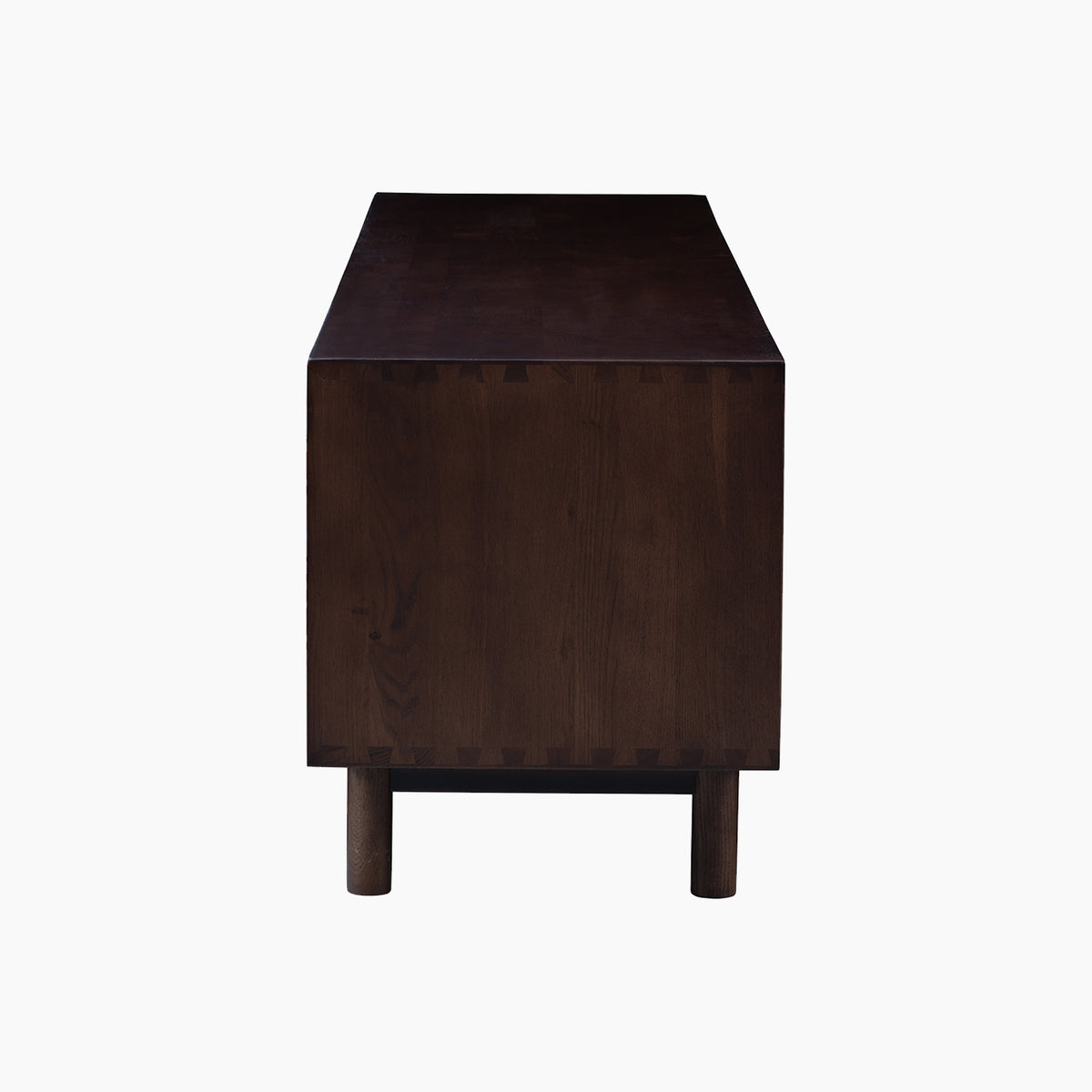Dark walnut rectangular bench with two short cylindrical legs, viewed from the side against a white background, echoing the minimalist design of the Oslo TV Unit in Walnut.