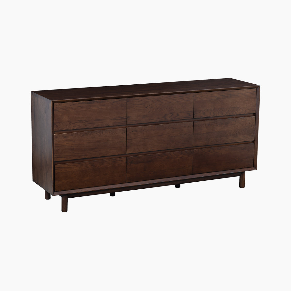 The Oslo 9 Drawer Chest in Walnut features a simple, modern design with a rich walnut finish, crafted in the style of solid oak bedroom furniture. Set against a plain white background, this dark wood chest offers nine spacious drawers and evokes timeless appeal.